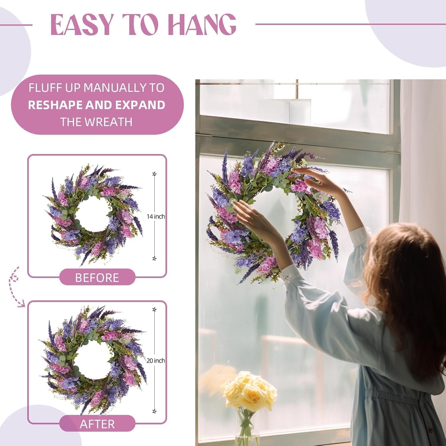 Spring Wreaths for Front Door with Lavender and Lilac, 20 Inch Outdoor Summer Wreath, Farmhouse Indoor Decor, Purple Floral Wreath for Wedding Home Wall Window Porch