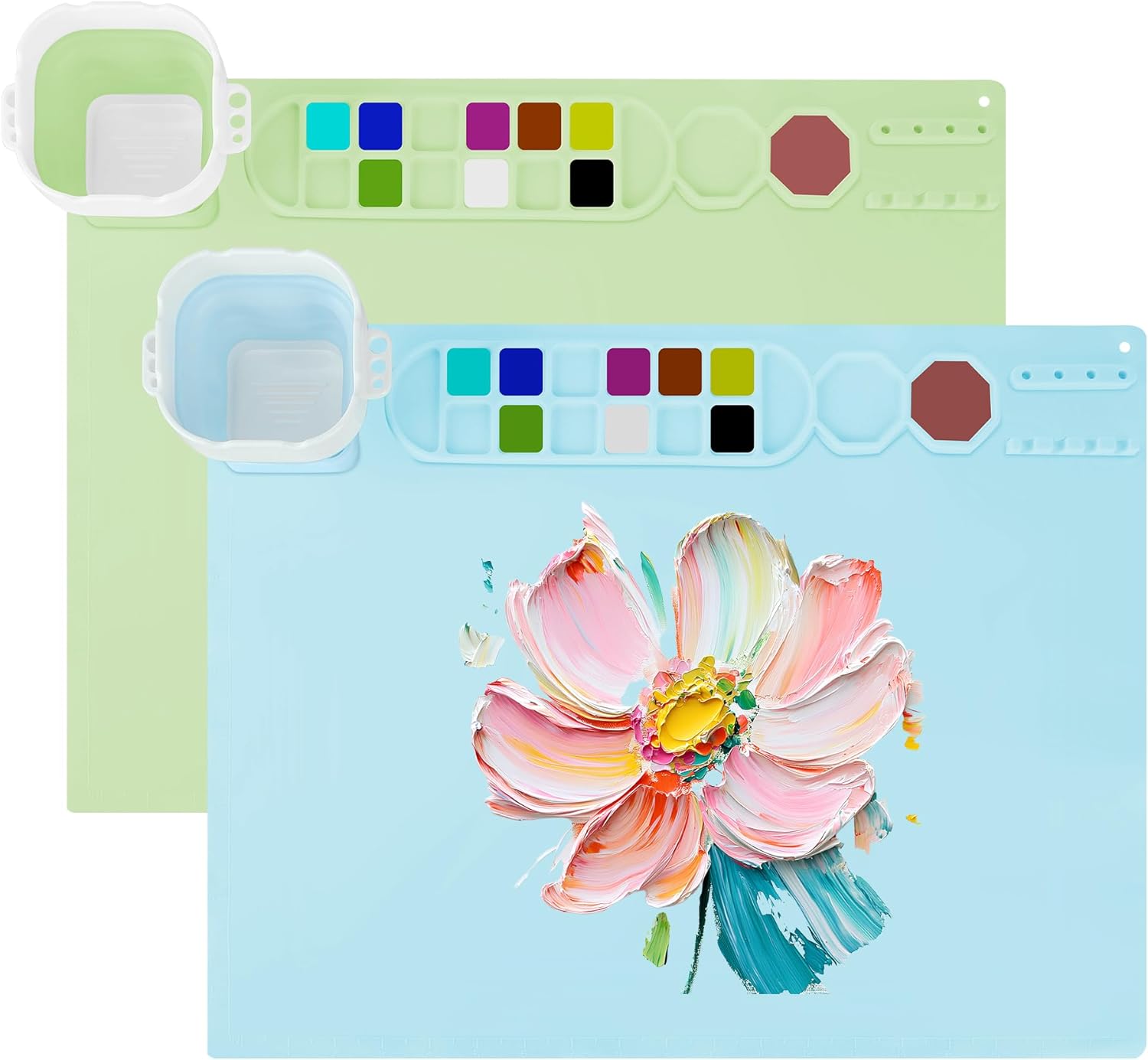 MEKOTRIN 2PCS Silicone Painting Mat, 20"X16" Art Mat with Cup and Palettes, Silicone Craft Mat has 16 Color Dividers, Paint Mat for Artist Clay DIY Creations(Blue+Green)
