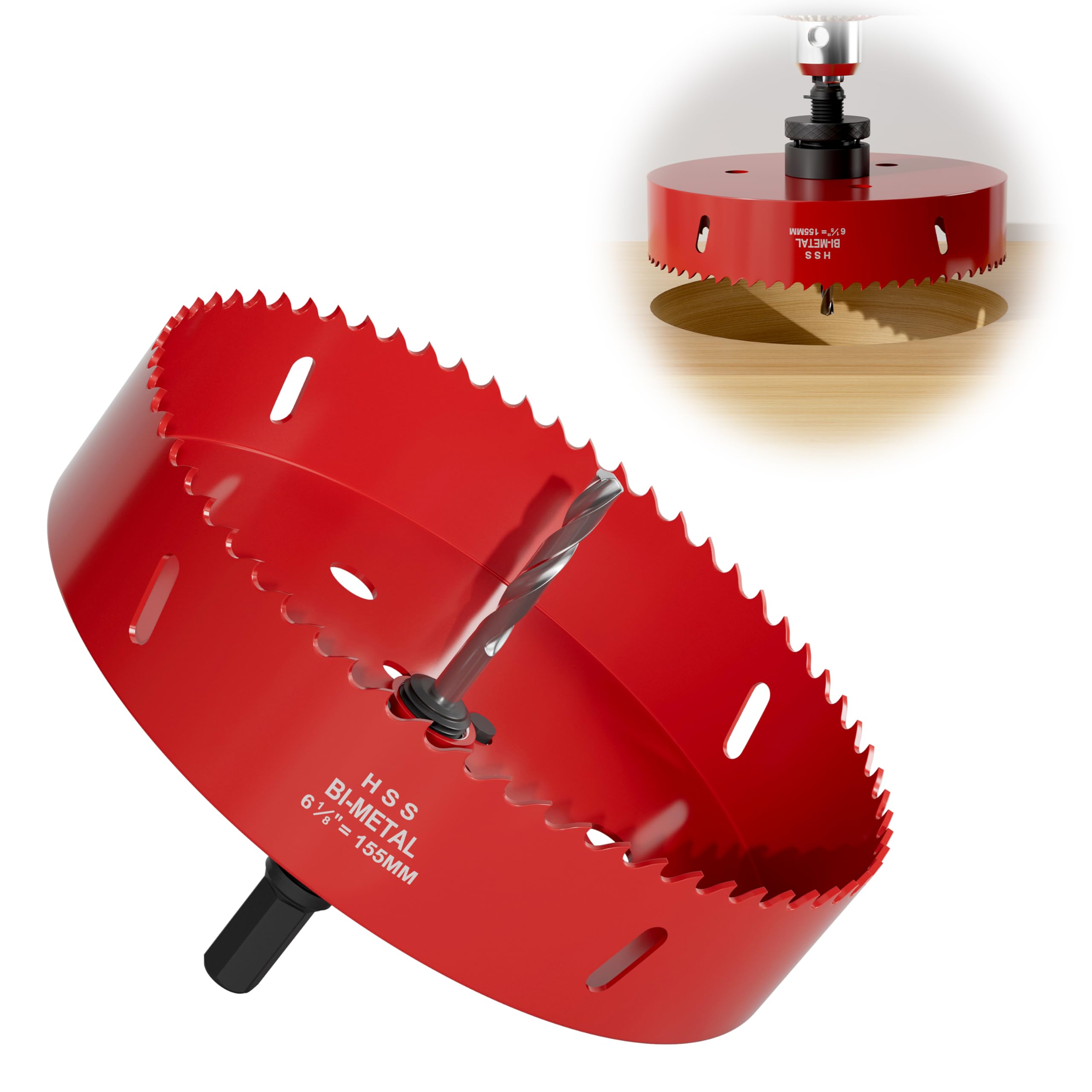 6-1/8" (155mm) Bi-Metal M42 High Speed Steel Hole Saw with Pilot Drill Bit, Smooth Cutting Edge for PVC, Drywall, Wood, Plastic, Gypsum Board, Rubber,