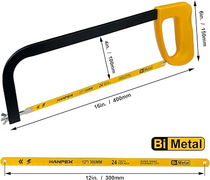Hanpex 12in. High-Tension Hacksaw Frame with 24 TPI Bi-metal Blade, Hand Saw Suitable for Metal, wood, PVC, Carpentry