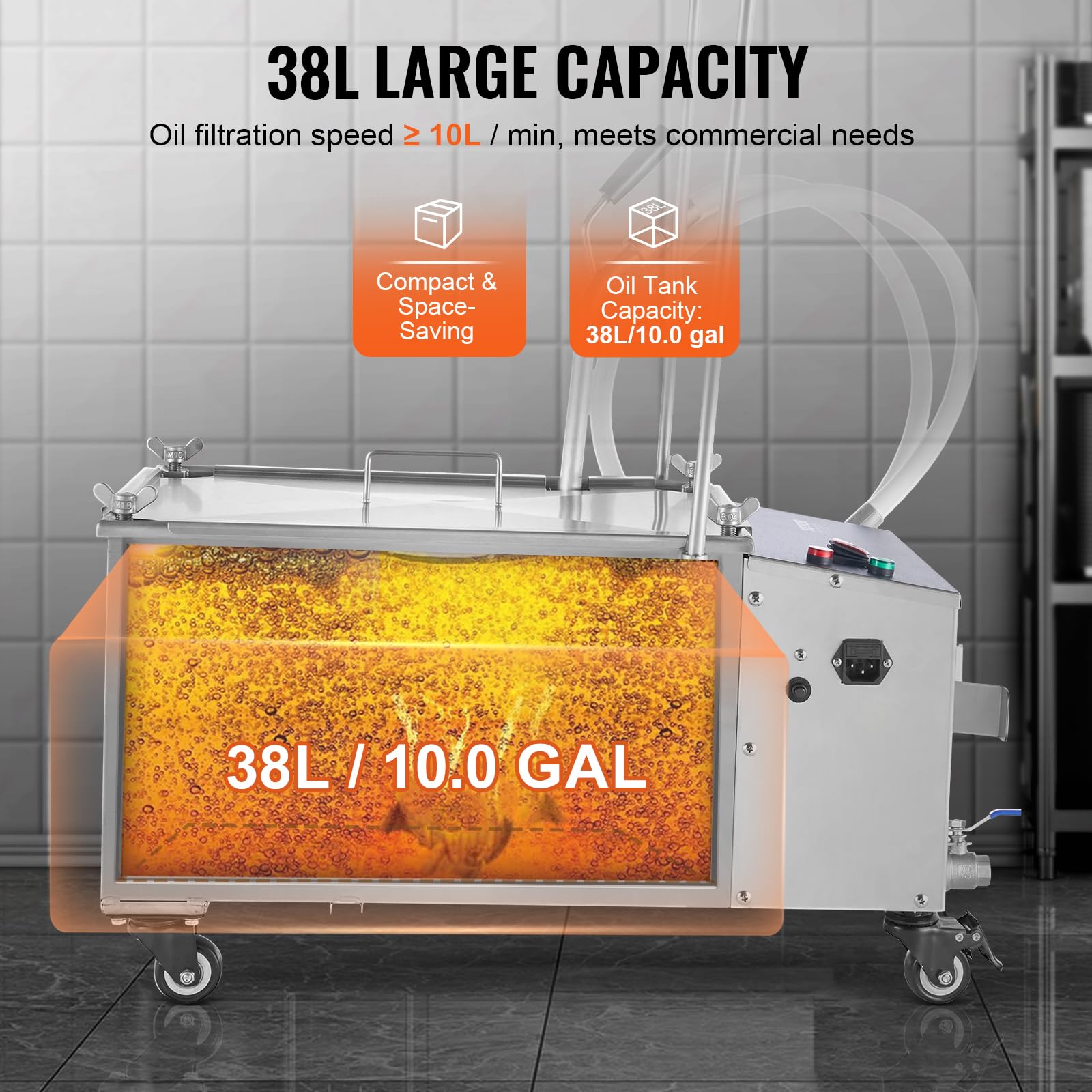 VEVOR Système de Filtration des Huiles de Friture Réservoir de 38 L Filtre à Huile pour Friteuse Vitesse 10 L/min Mobile avec Roulettes et Tuyau Machine à Filtrer Huile Usagée pour Restaurants Stands
