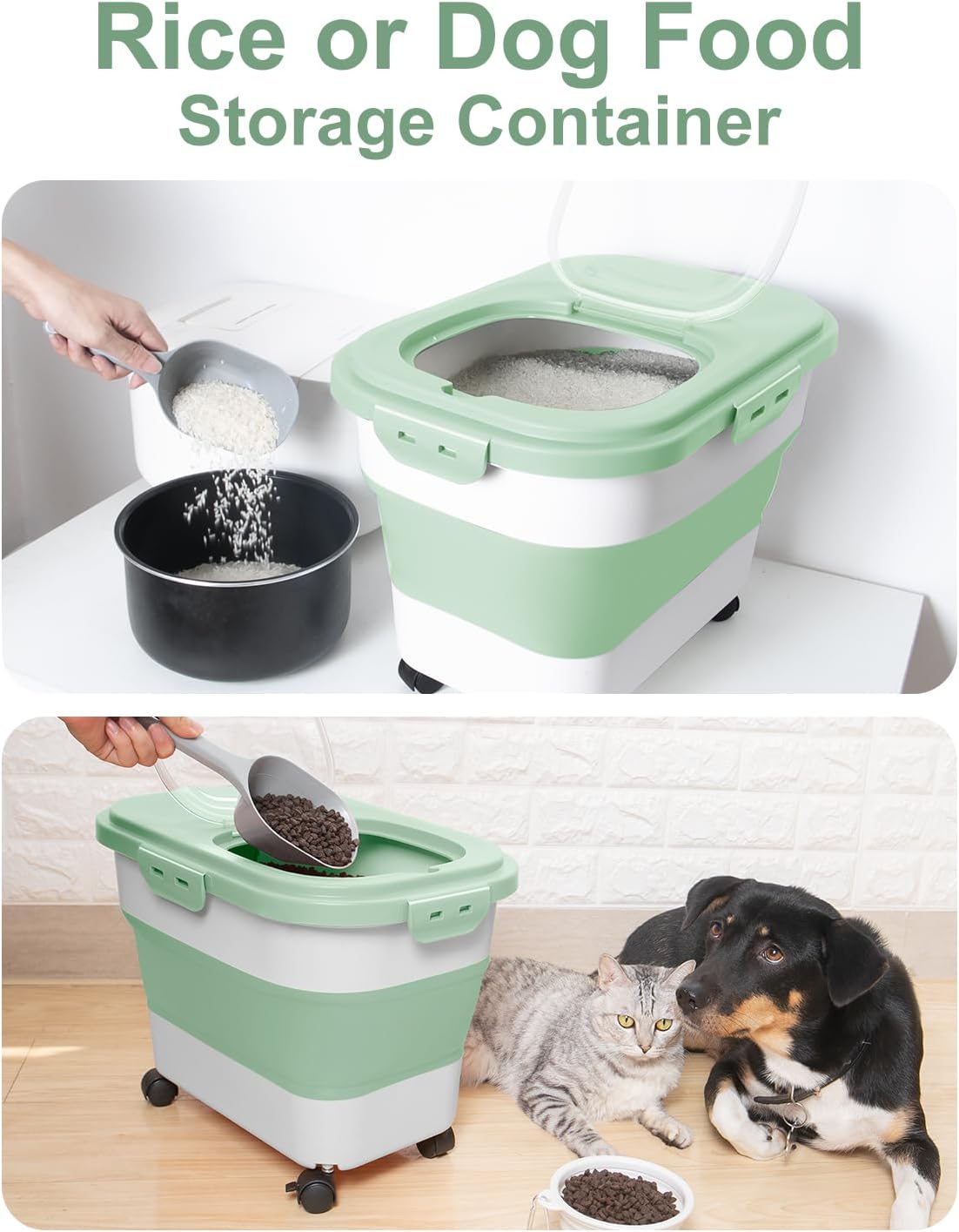 Airtight & Mobile Dog Food Storage, Collapsible with Wheels and Handy Scoop