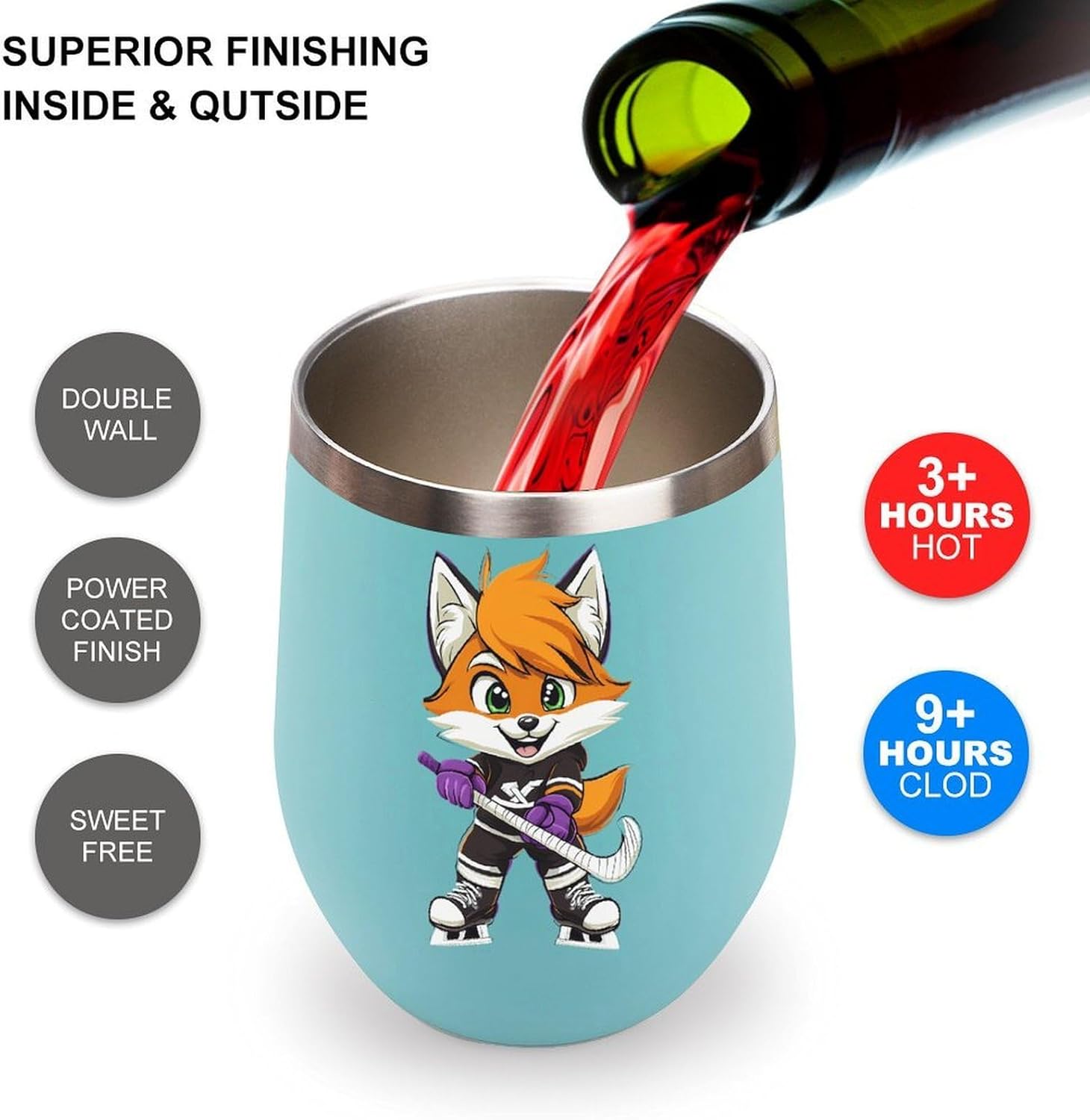 Foxs Ice Skating Holding Hockey Stick Insulated Drinking Cup Stainless Steel Coffee Mug Wine Tumbler with Lid 12OZ