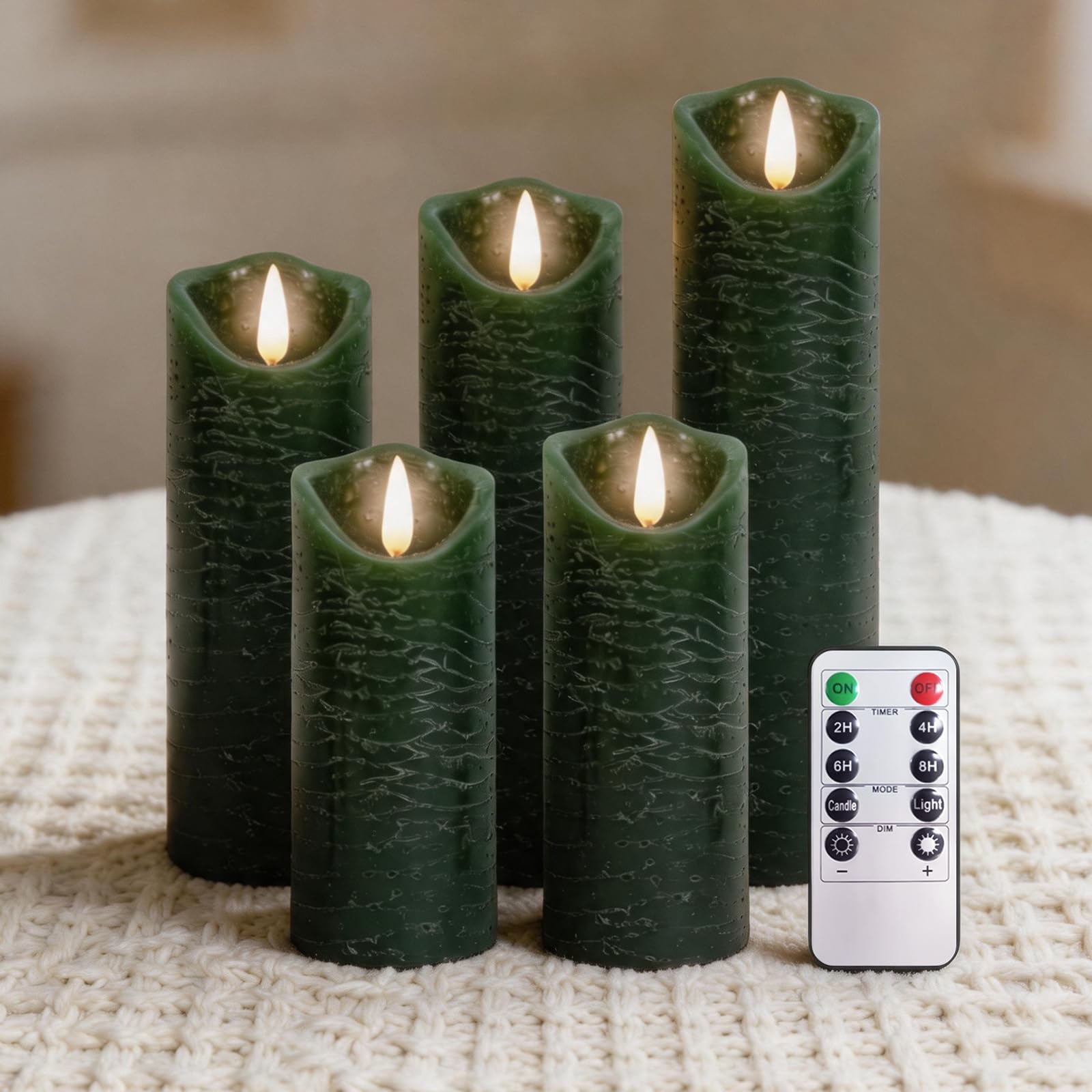 PinnWaa Flameless LED Pillar Candles, 5 Pack, Real Wax, Remote Timer, Green