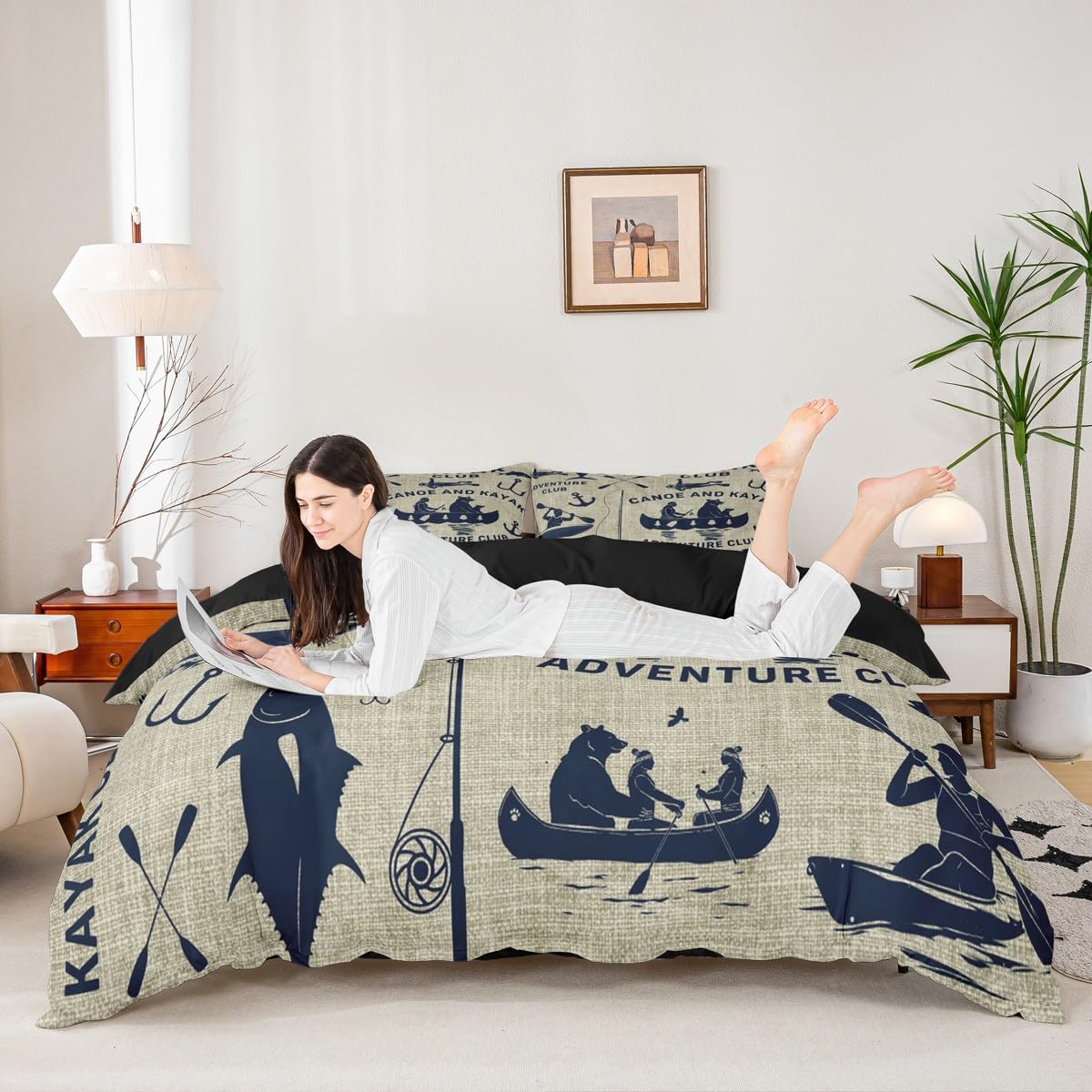 Homewish Zestaw pościeli dla dzieci i dzieci, kajak, jezioro, dom, dekoracja, poszewka na kołdrę, szczęśliwy kemping, poszewka na kołdrę, szczupak, ryba, niedźwiedź, dzika przyroda, łódź, wędka