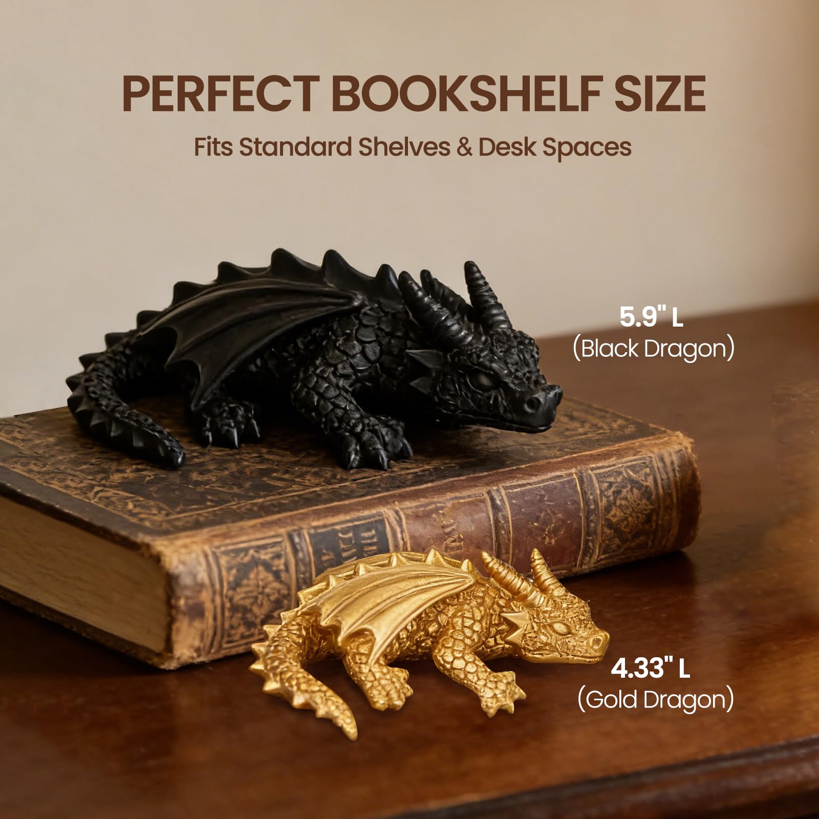 Wnsamoddy - Juego de decoración de estantería de dragón, sujetalibros de fantasía de resina sólida, estatuas de dragón negro y dorado para estantes, accesorios de rincón de libros Dark Academia