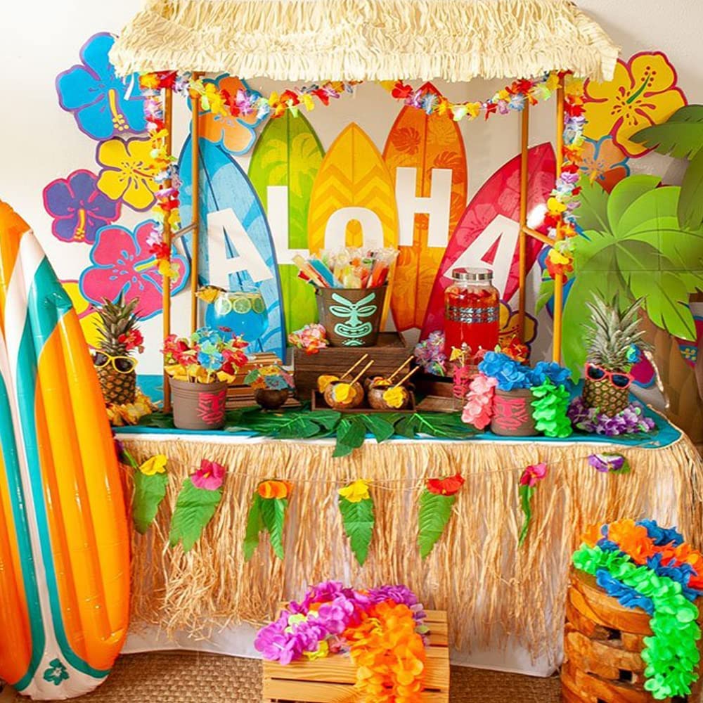 Hawaii Party Dekoration Set,114 Stück Luau Grass Tischrock Palmblätter, Hawaiian Blumen,Aloha Banner,ObstStroh,Mehrfarbige Regenschirme für BBQ Garden Sommer Tiki Tropischen Beach Deko
