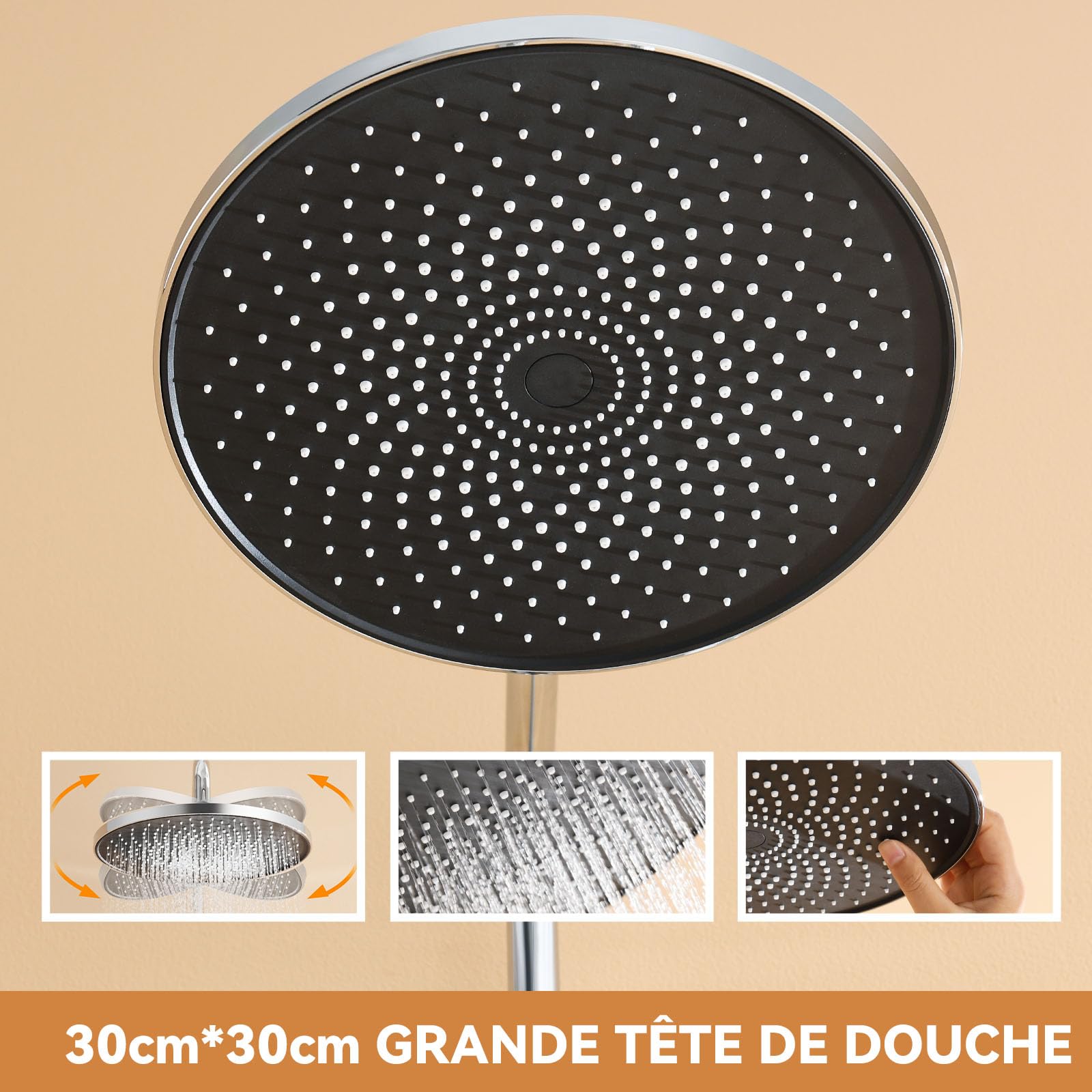 Auralum Colonne de Douche avec Mitigeur Hauteur Réglable 1-1,4 m, Mitigeur de Douche avec Plafonnier 26 x 26 cm et Douchette Manuelle 3 Fonctions pour Salle de Bain
