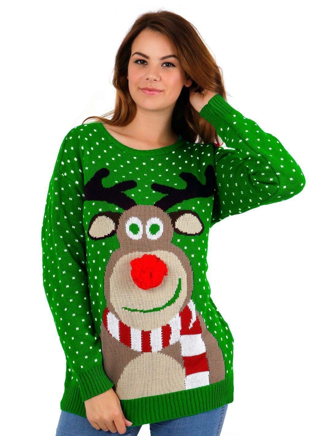 NAZ Fashion Christmas Women Ladies 3D Pom Pom Rudolph Reindeer Knitted Top Jumper Green