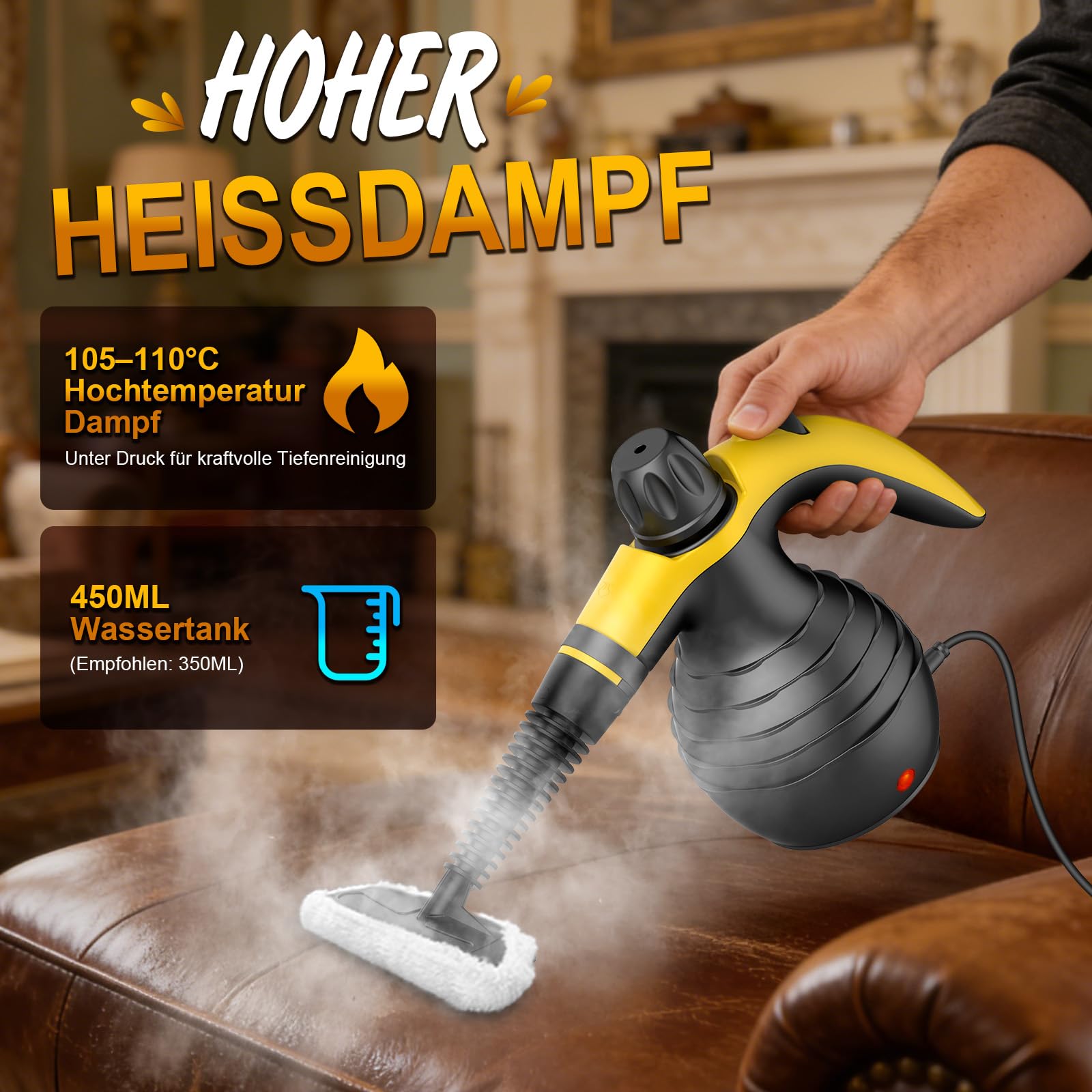 Dampfreiniger Handgerät, Hochdruck Dampfreiniger, Schnellaufheizung, Tragbarer Handdampfreiniger Für Sofa, Küche, Bad, Fliesen, Fugen, Auto, Mit Bürsten Zubehör