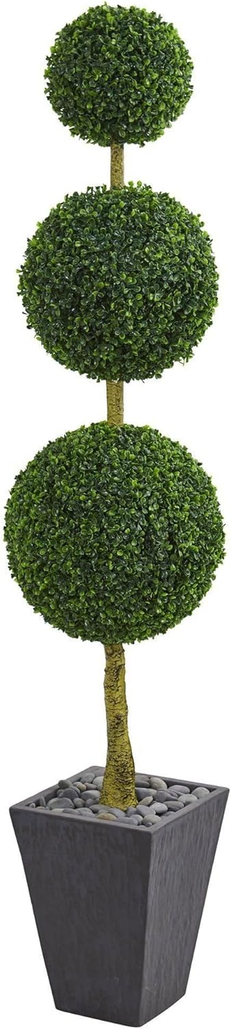 Nearly Natural 6ft. Boxwood Triple Ball Topiary Artificial Tree in Slate Planter UV Resistant (Indoor/Outdoor)