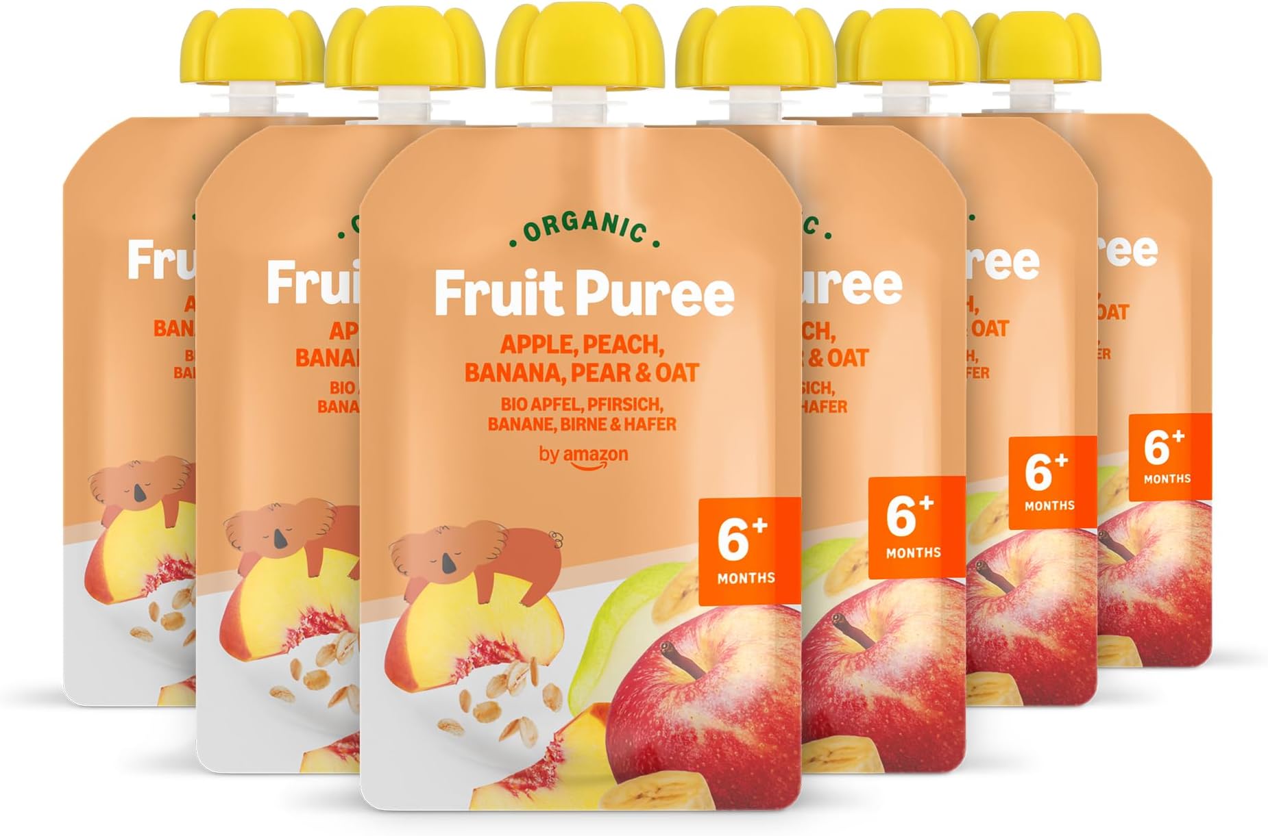 by Amazon Organic Apple, Peach, Banana, Pear & Oat Pouch - 6 x 90g - Previously Mama Bear