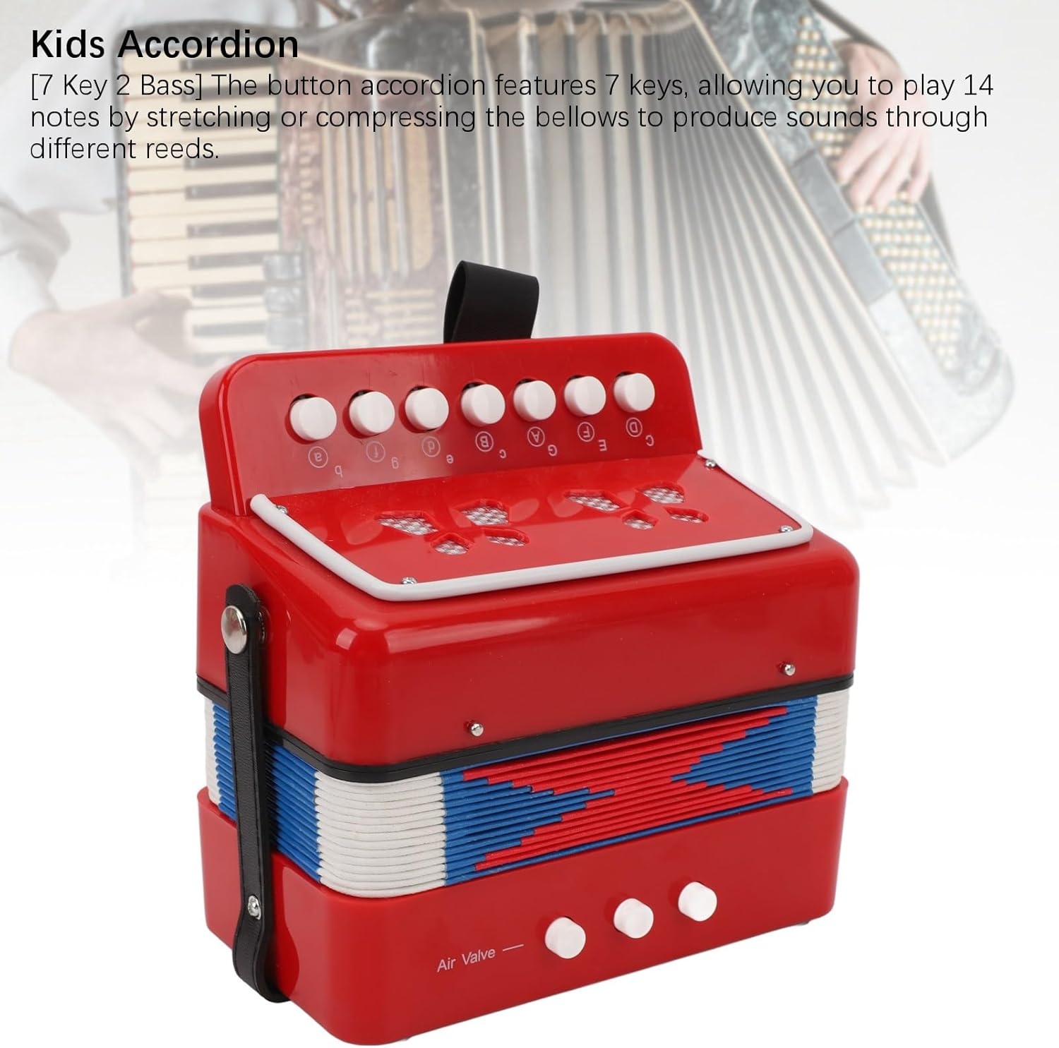 Kids Accordion 7 Key 2 Bass Button Accordion, Beginner Music Education Instrument with Belt Buckle, Portable ABS and Leather Bellows Accordion for Children Learning to Play