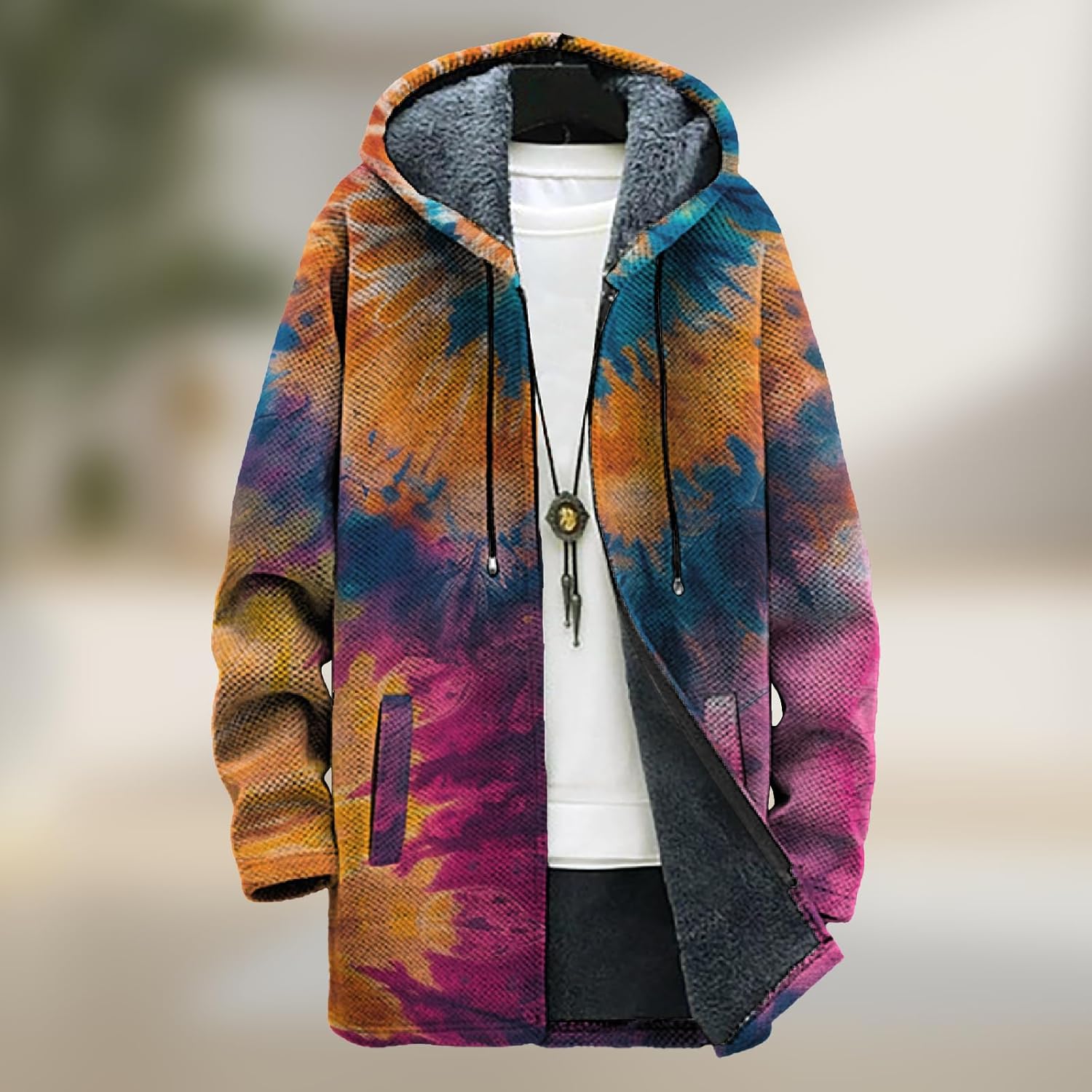 Hooded Jacket for Men Trendy Graphic Print Warm Fleece Lined Winter Swearshirts Comfy Fall Outwear with Pockets