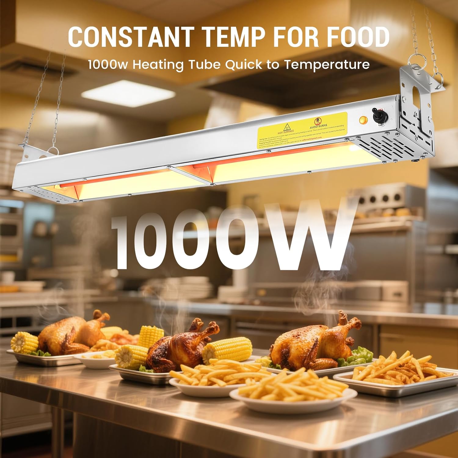 36-Inch Food Heat Lamp - 1000W Commercial Food Warmer Lamp Overhead Stainless Steel Catering Heat Lamps Electric Strip Heater for Restaurant Buffet Parties Kitchen, Silver 115V