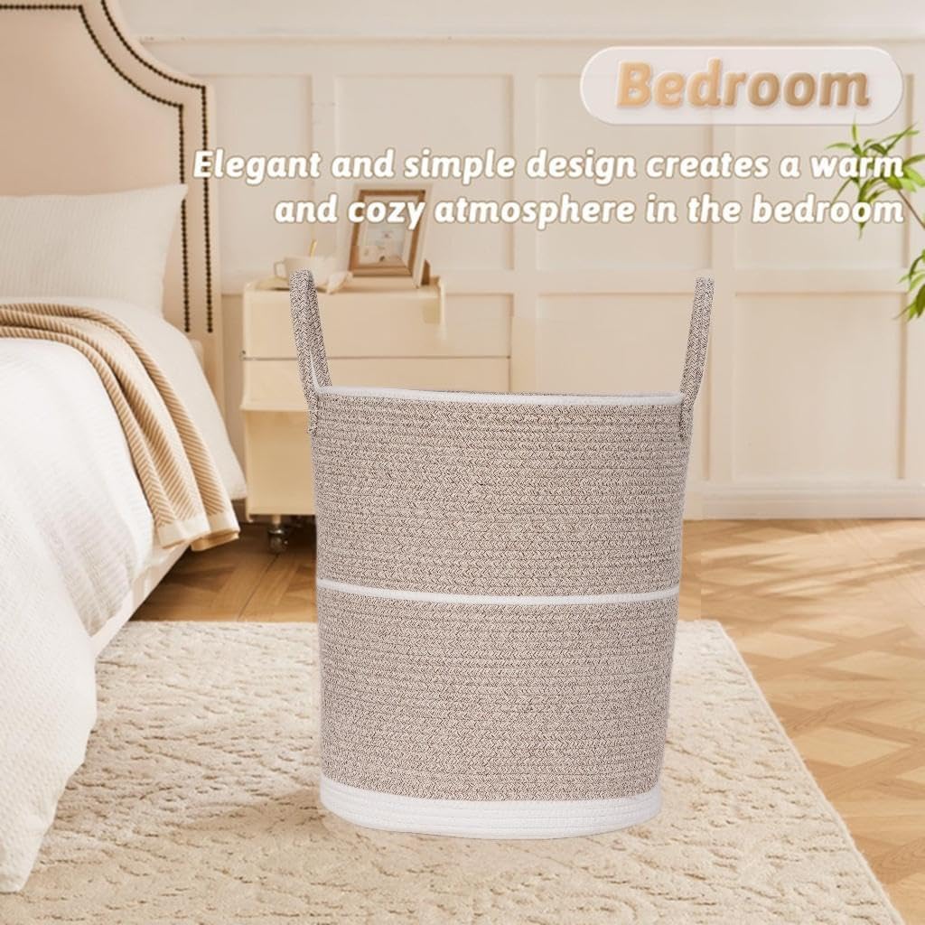 Large Cotton Rope Storage Basket with Handles – Woven Laundry Hamper, Striped Organizer for Toys, Blankets, Clothes – Durable and Stylish for Bedroom or Living Room (White&Brown)