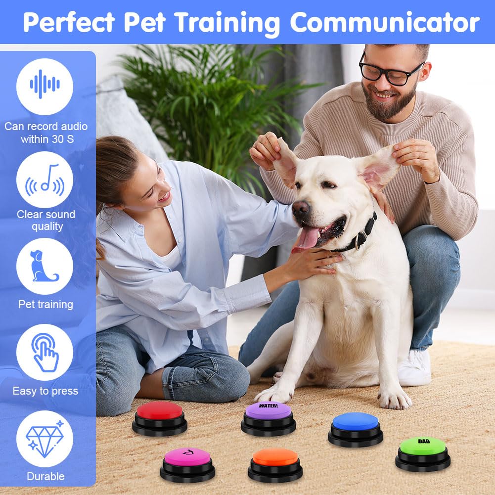 Buzzer mit Aufnahmefunktion, Haustier Talking Training Antwort Buzzer, 7 Farben Buzzers Aufnahmefähige Tasten für Hund Interaktion, 30 Sekunden Aufnahme&Wiedergabe Intelligenzspielzeug für Hunde