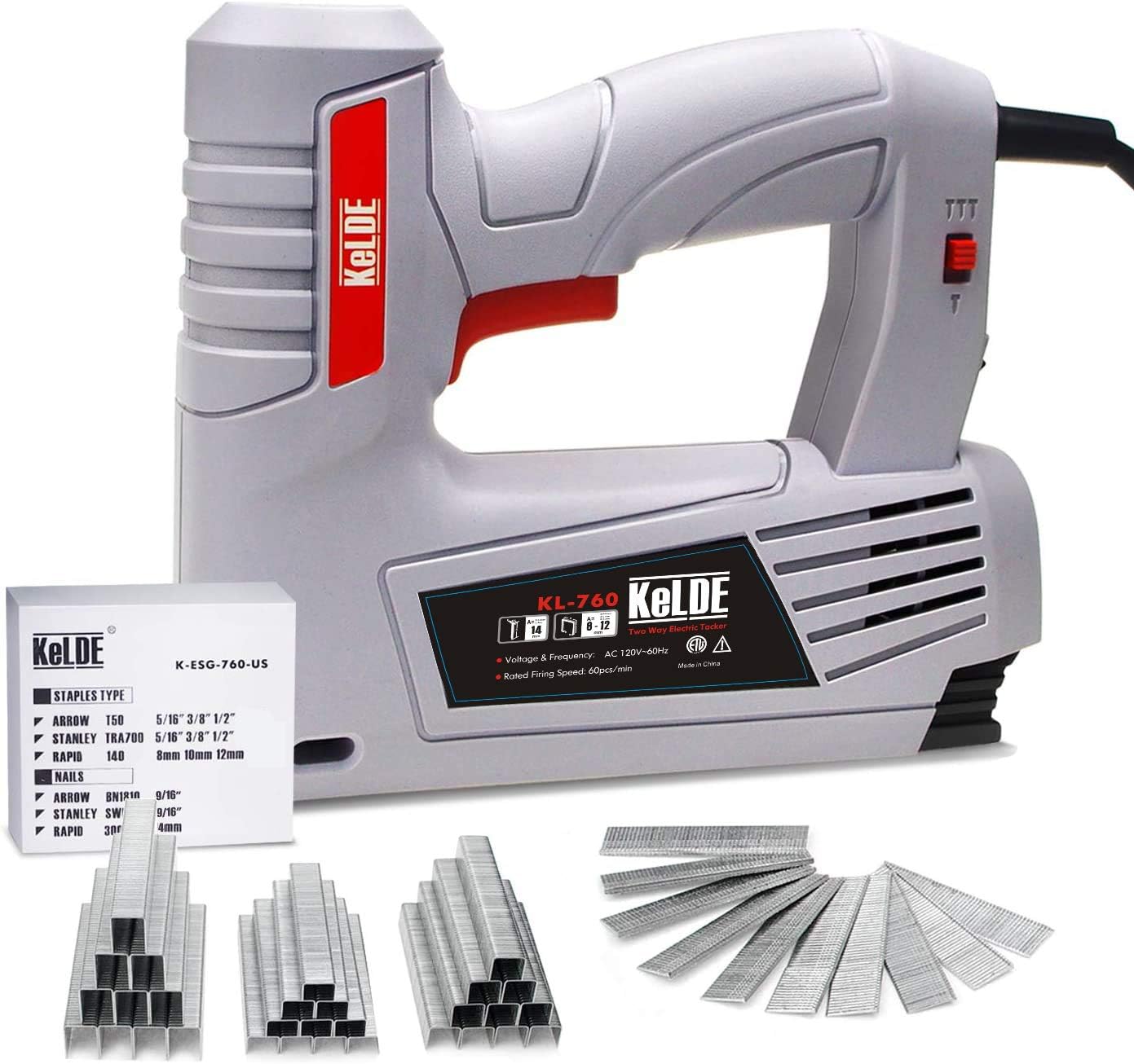 KeLDE Electric Staple Gun Kit, 120V Electric Stapler/Brad Nailer with Adjustable Firing Mode Switch, Includes 1500pcs T50 Staples and 500pcs 14mm Brad Nails for Carpentry, Decoration, Furniture