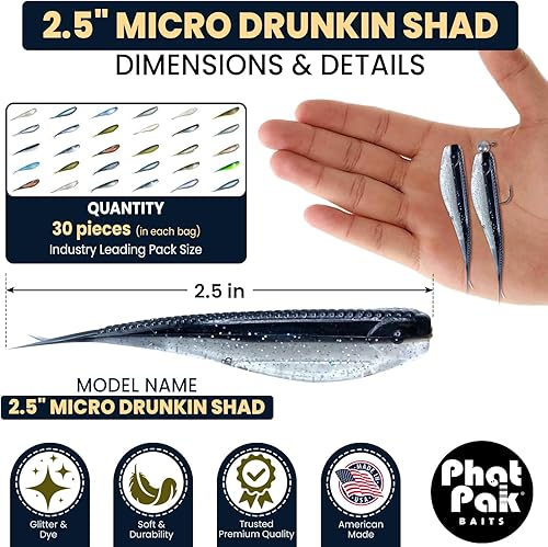 Miniatura 7 de Phat Pak Baits - Micro Drunkin Shad Tiny Fluke Style Damiki Soft Jerkbait 2.5" 30ct Soft Plastic BFS Bass Fishing Lure