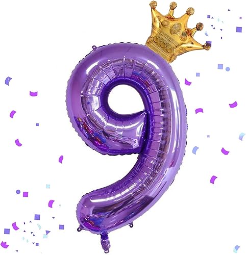 Globo morado de 40 pulgadas con número 9 y corona pequeña para decoraciones de fiesta de cumpleaños, decoraciones de fiesta de cumpleaños de 9