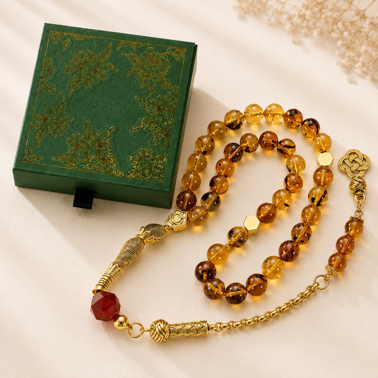 1 szt. Natural Amber Tasbih 33 Beads Misbaha Tesbih, ręcznie robione koraliki muzułmańskie z certyfikatem, unikalny design łańcucha i pudełko na prezent, prezent Ramadan Eid Hajj dla mężczyzn