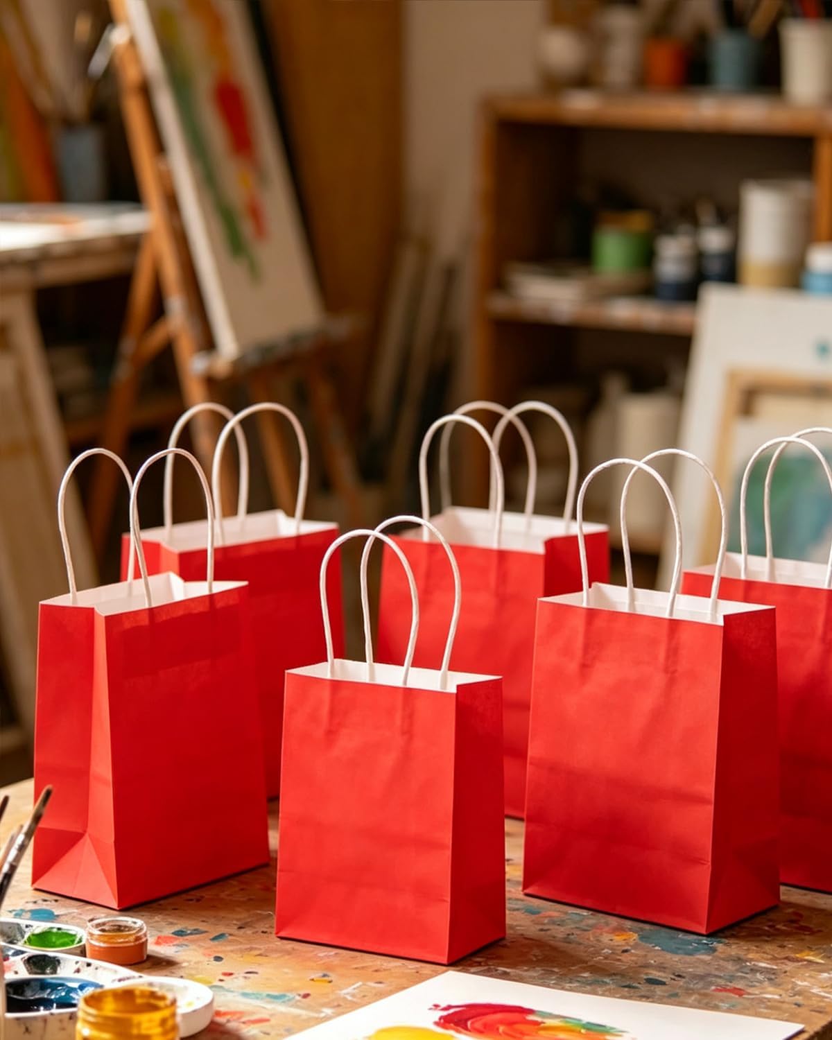 qiqee 100PCS Gift Bag with Handles Bulk Red Paper Bags Multiple Uses (8.3"x3"x6"inch Small Size)