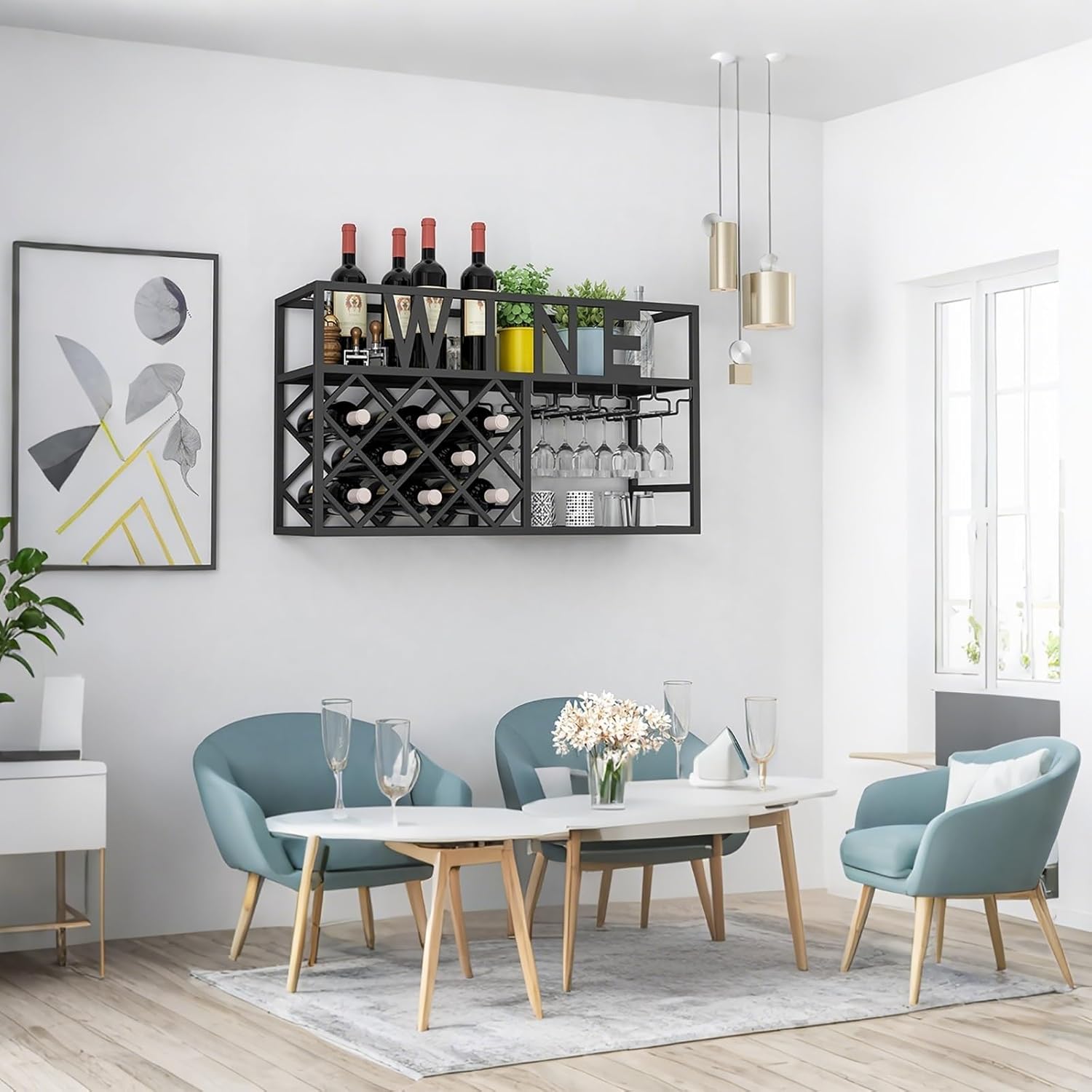 Wall-Mounted Wine Rack with Display Shelf, Metal Wine Holder, Iron Wine Cabinet, Stylish Black Wine Glass nizer, Rustic Home Decor for Wine Lovers