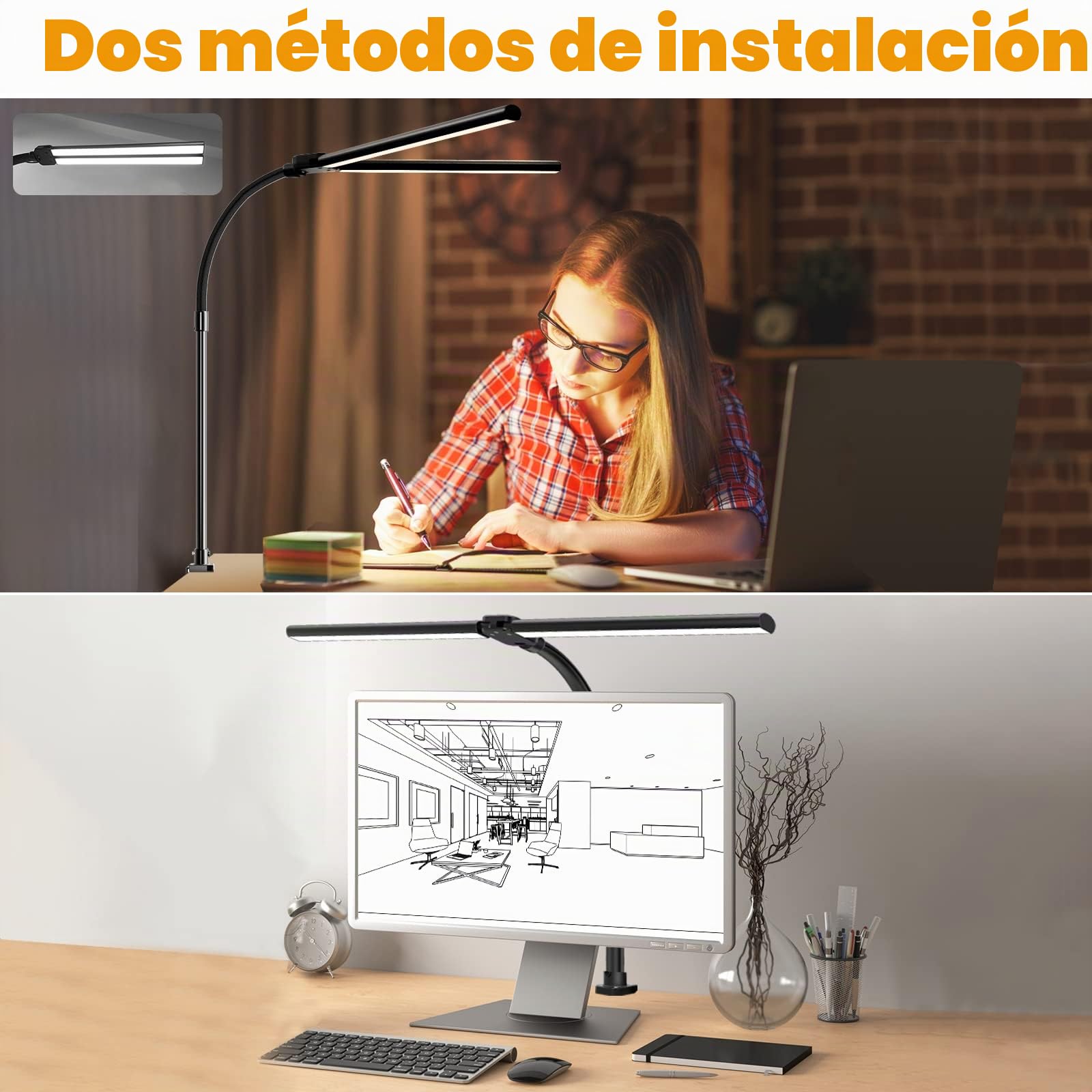 LOTTBUTY Lampara Escritorio LED de Doble Cabeza,24W 80CM lampara Led Escritorio de Regulable,5 Temperaturas Color 5 Niveles Brillo,Protección Ocular Luz Monitor con pinza para Oficina,Estudio,Diseño