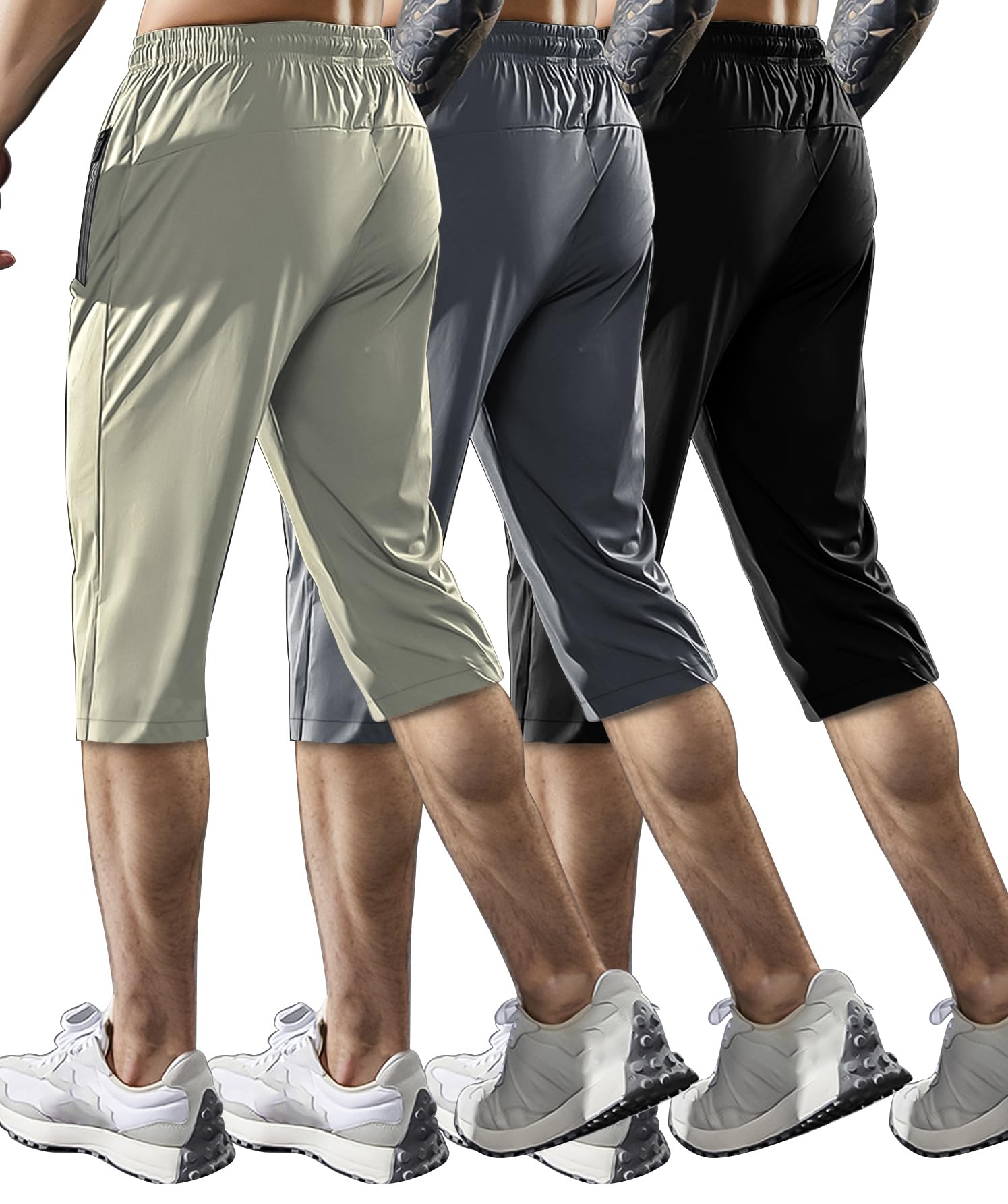 Hidkat Męskie spodnie capri 3/4 joggery siłownia / trening / wędrówki poniżej kolan długie szorty lekkie szybkoschnące z kieszeniami na zamek błyskawiczny