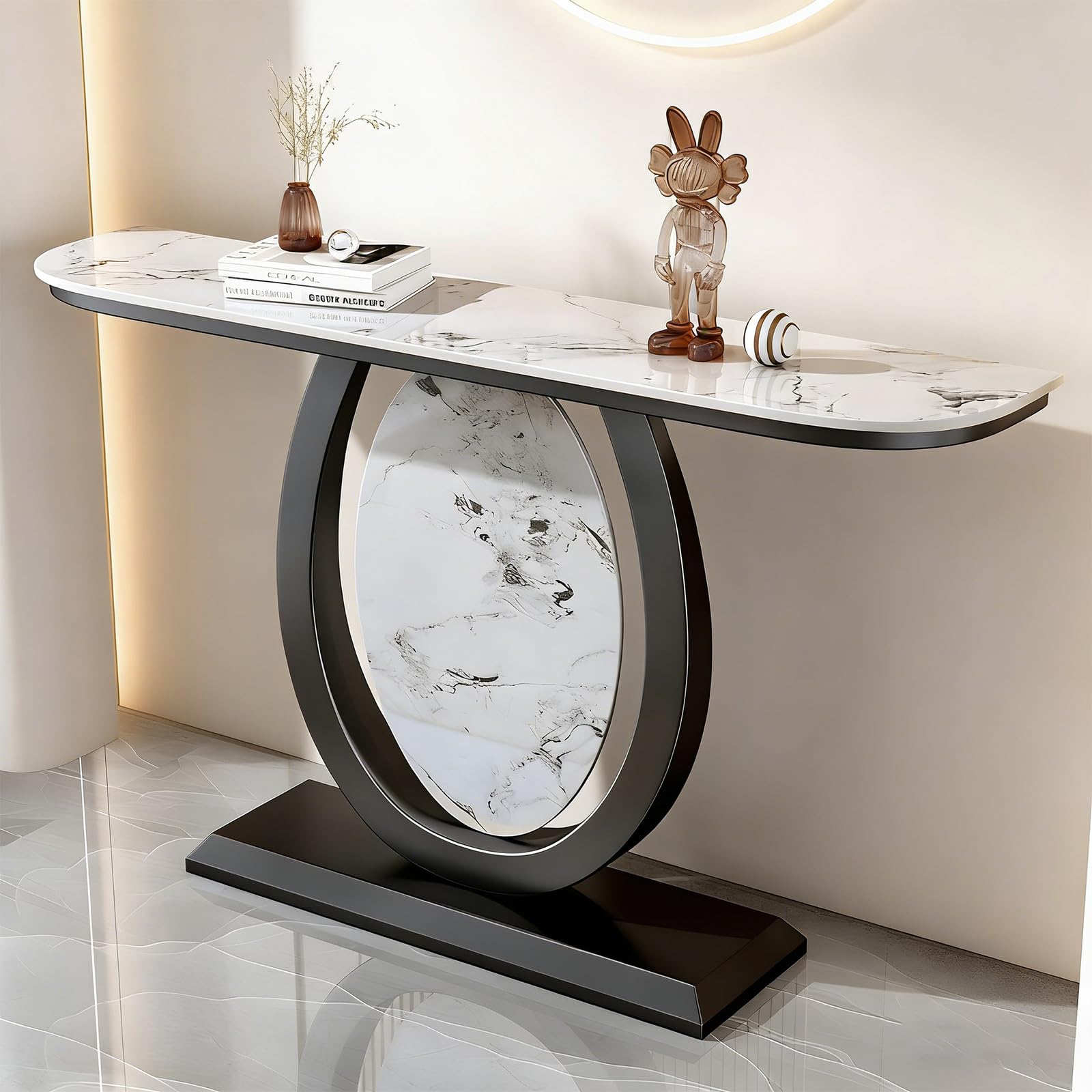 Mesa consola de lujo para recibidor, mesa de entrada moderna, mesa consola estrecha de mármol negro con base de metal para pasillo, sala de estar, vestíbulo, 31.5" x 39.4" x 47.2" x 59.1" de ancho