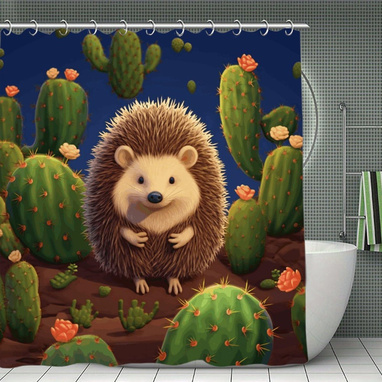 VstaDank Hedgehog Cactus Shower Curtain Waterproof Bathroom Curtain with Hooks Luxury Weighted Bath Curtains for Bathtubs Showers Room Dividers Decorative Shower Curtains 71x71 in