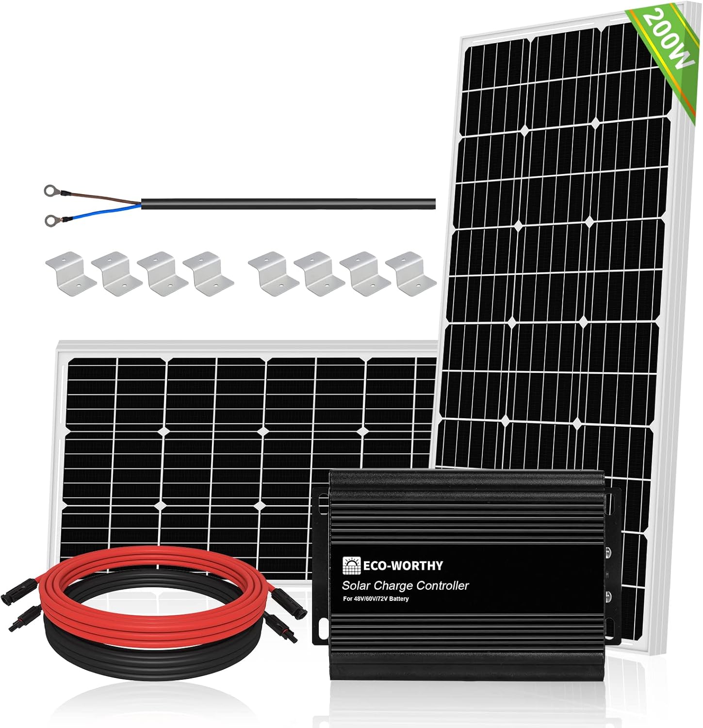 ECO-WORTHY 200 Watt Solar Panel Kit for Golf Cart,800whday generation,Charge While Driving,Extend Battery Life,Go Further,Emergency with 2pcs 100W Solar Panel,48V60V72V MPPT boost charge controller