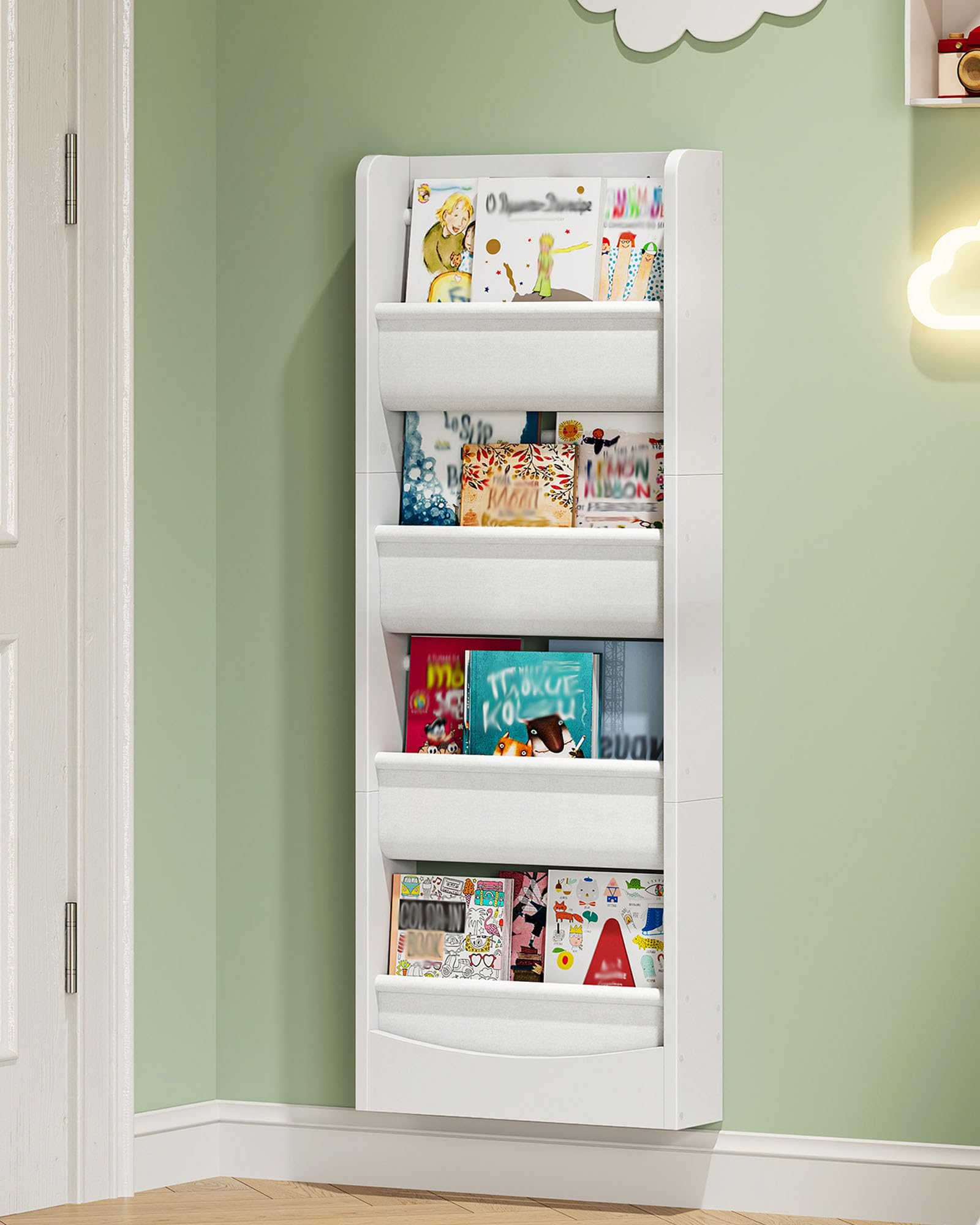 CHOEZON Librería Infantil de Pared, Estantería Libros de Tela de 4 Niveles, Biblioteca Compacta, para Habitación Infantil, Aula, detrás de Puertas, para Libros y Juguetes, Blanco DMCW40WB