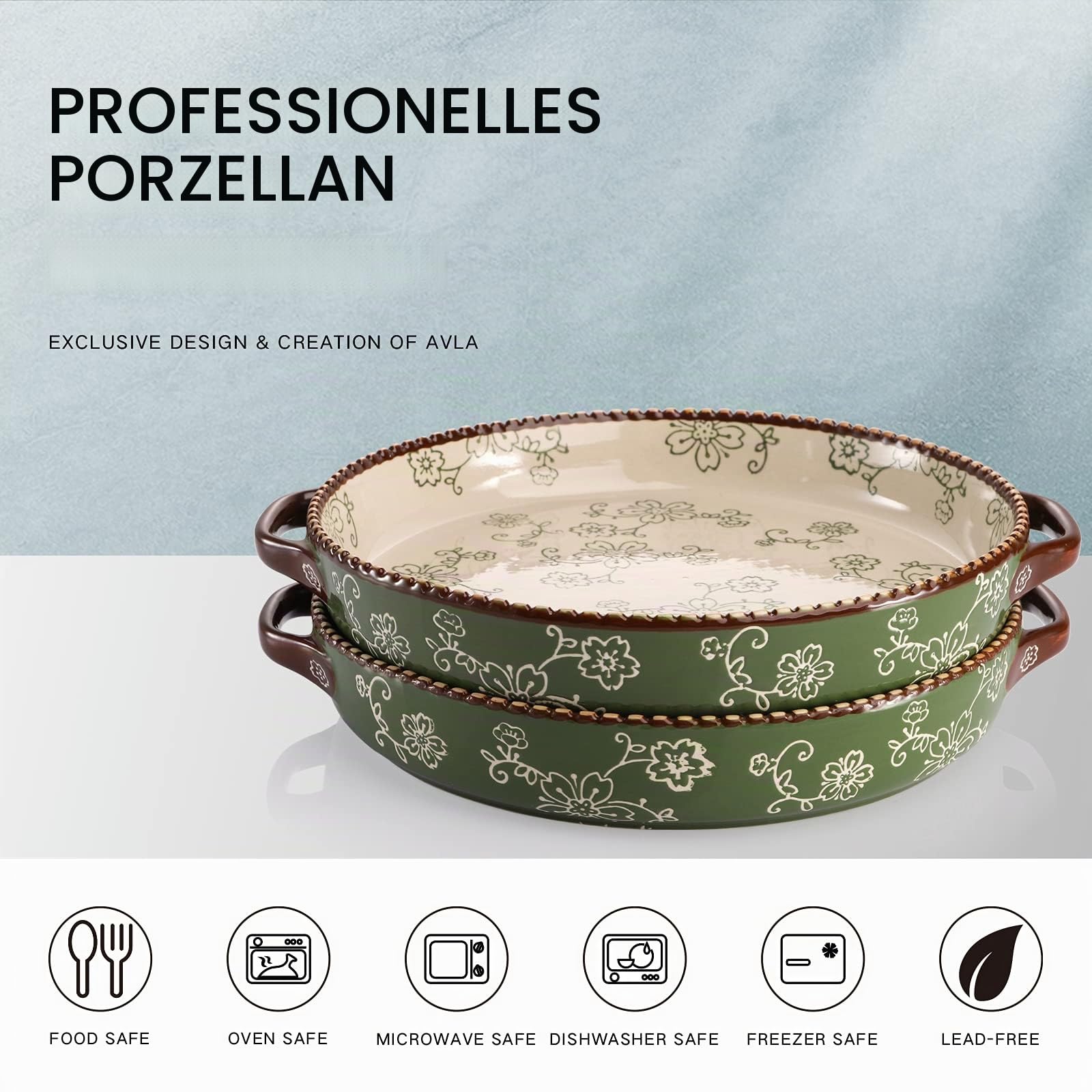 AVLA 2 Stück Keramik-Kuchenform, 22,9 cm, runde Auflaufform mit Doppelgriff, 794 ml, tiefe Quicheplatte für Küche, Kochen, Braten von Lasagne (Sakura, Grün)