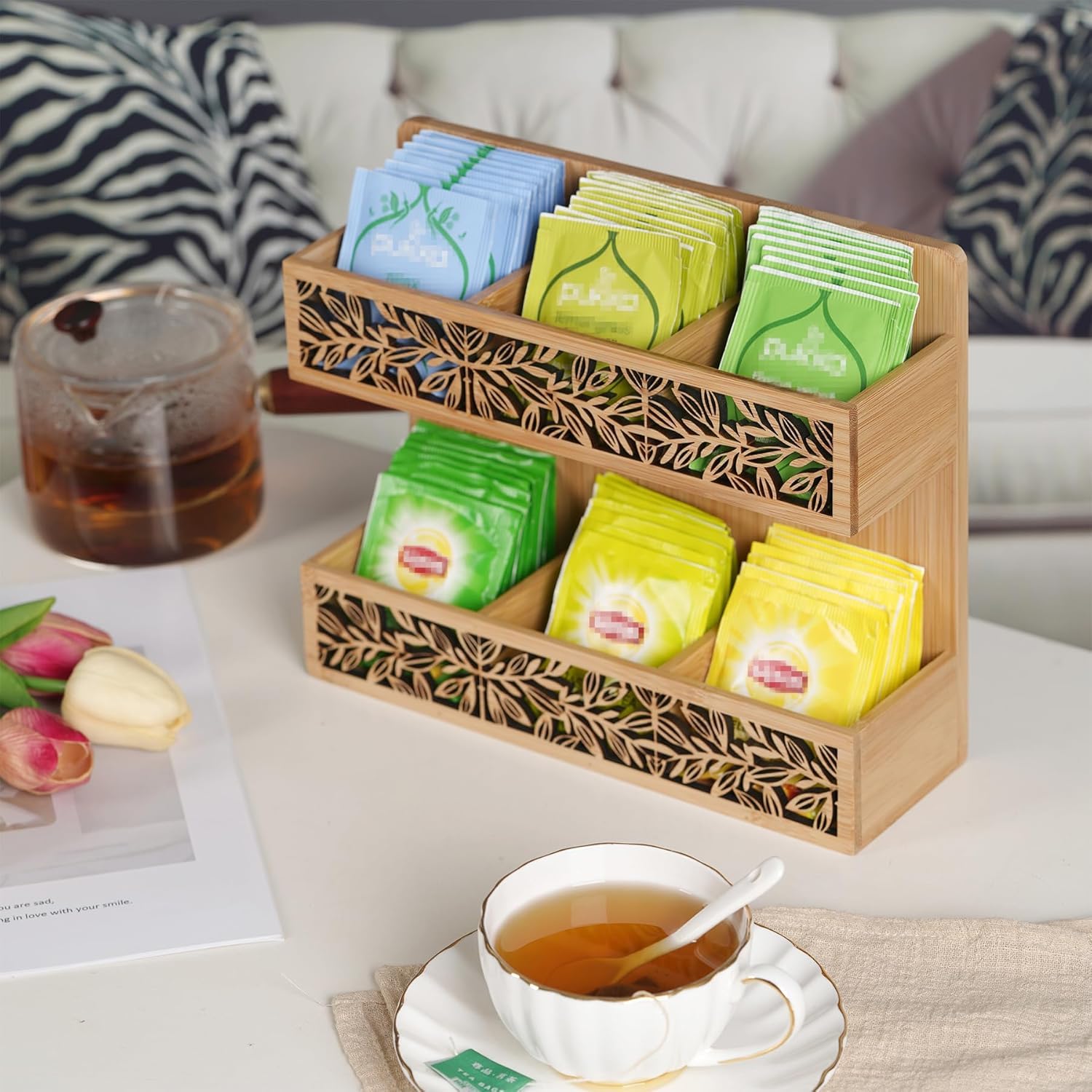 Teebox Teebeutel Organizer,Teekiste Exquisite durchbrochenes mit 6 Fächern Teehalter,Vertikaler und Wandmontage Teeaufbewahrung - Teebeutelbox für Teebeutel Zucker Kaffeekapsel