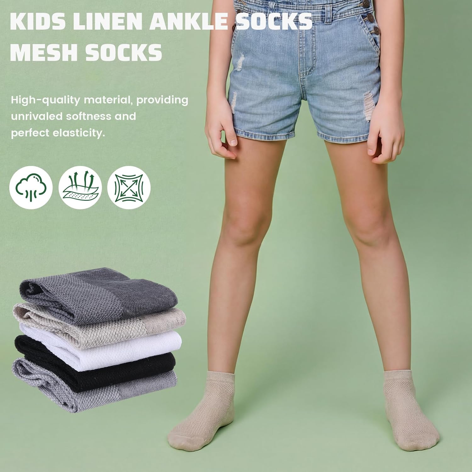 5 Pairs Teenager All Natural Linen Ankle Sock Thin Breathable Organic Linen Socks Comfortable Mesh Girls Boys Teen Socks for Ages 10-15 Stretch Cuffs Athletic Hosiery