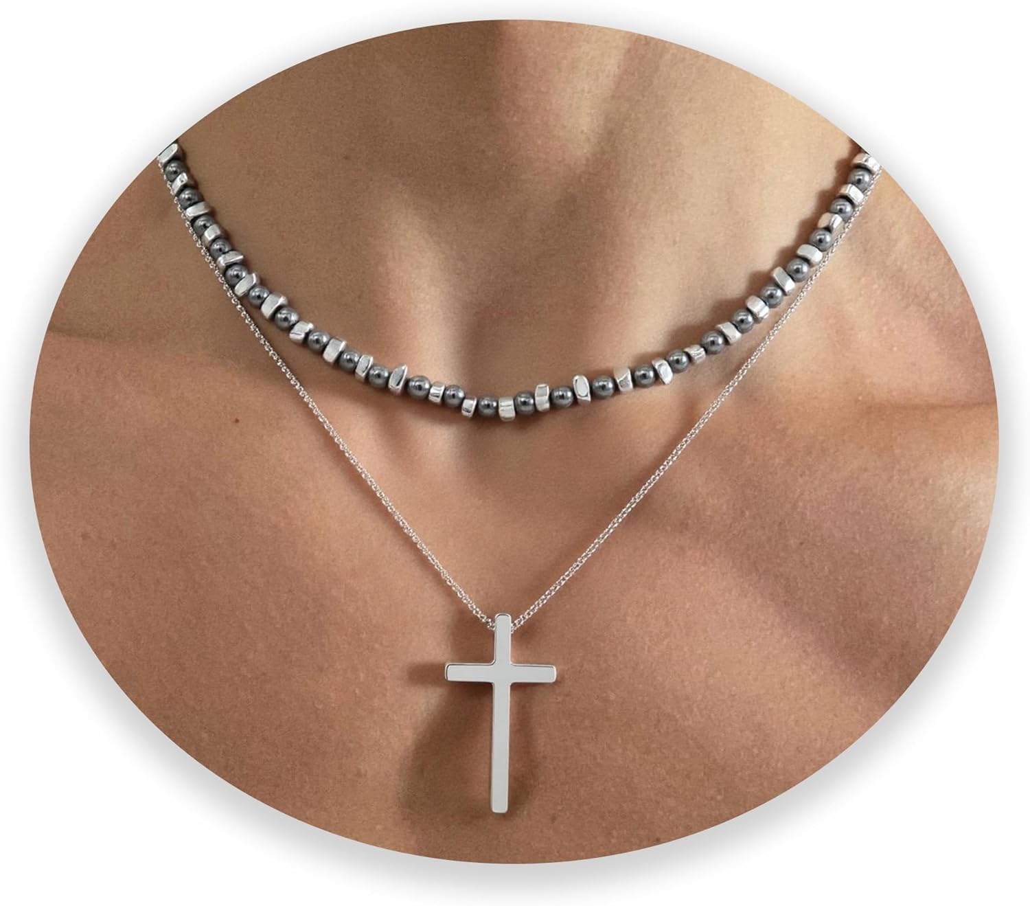 2PS Cross Necklace for Men - Black Obsidian Necklace - 6mm Healing Crystals Beaded Choker Necklace Stainless Steel Cross Pendant Jewelry Gifts for Men