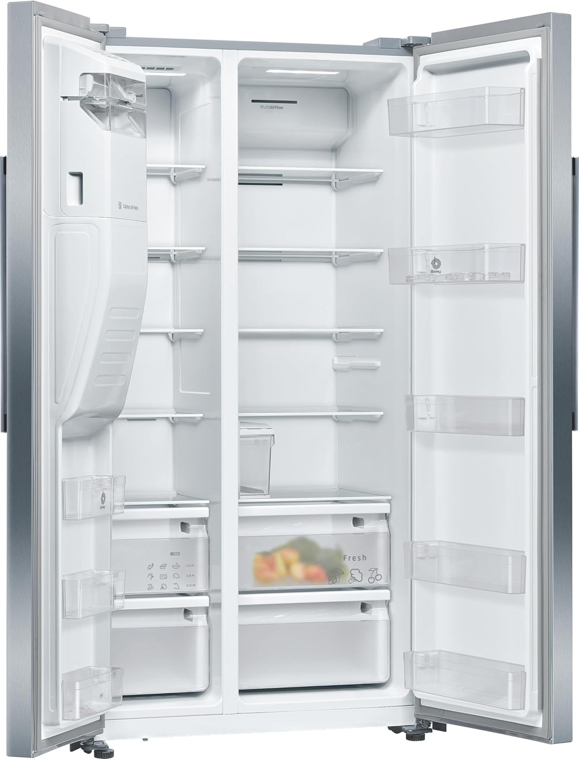 Interior view of the refrigerator with shelves and drawers