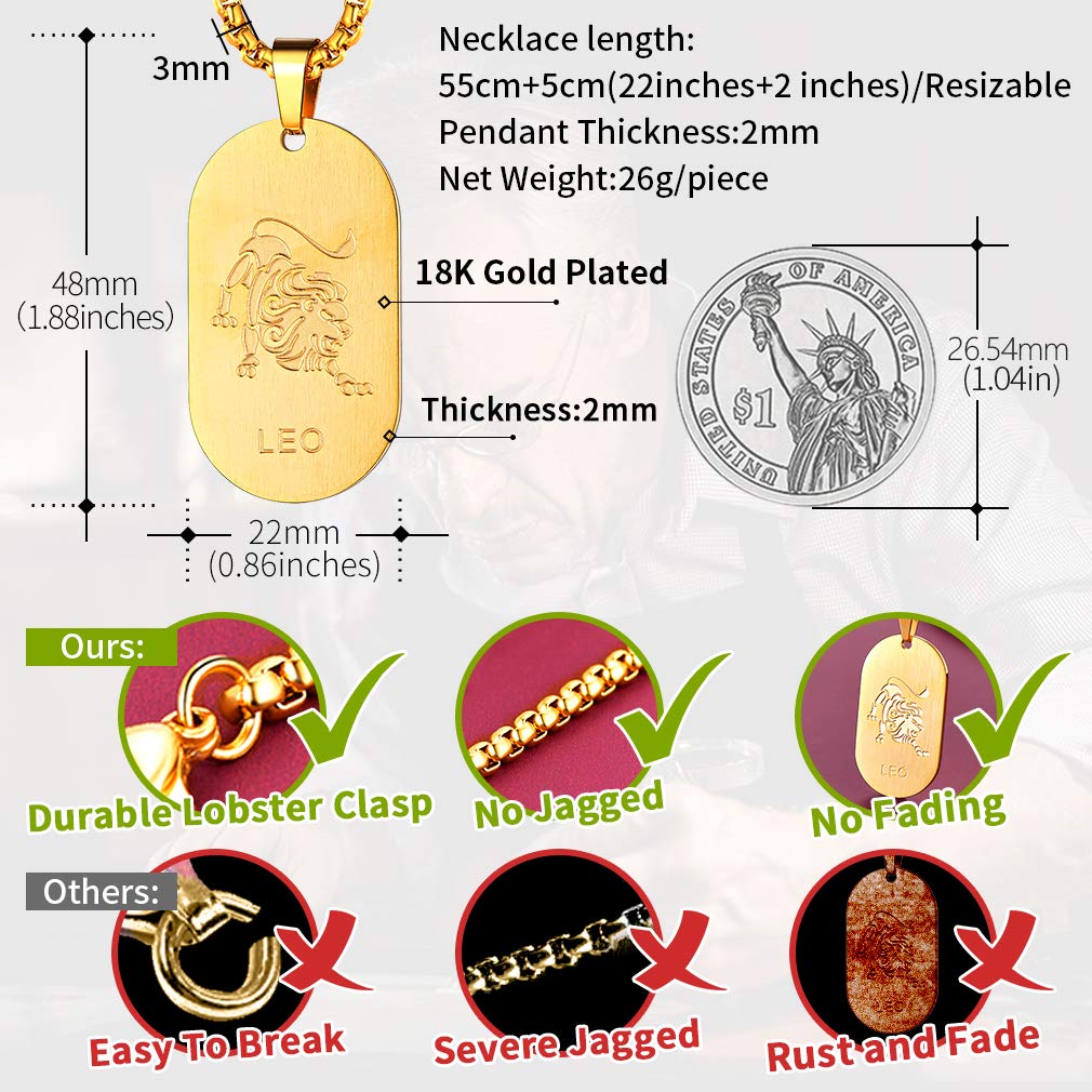 FaithHeart Collier Signe Astrologique Homme Plaqué Or, Pendentif Plaque Militaire Zodiaque Personnalisable avec Chaîne 3mm Réglable de 55+5cm