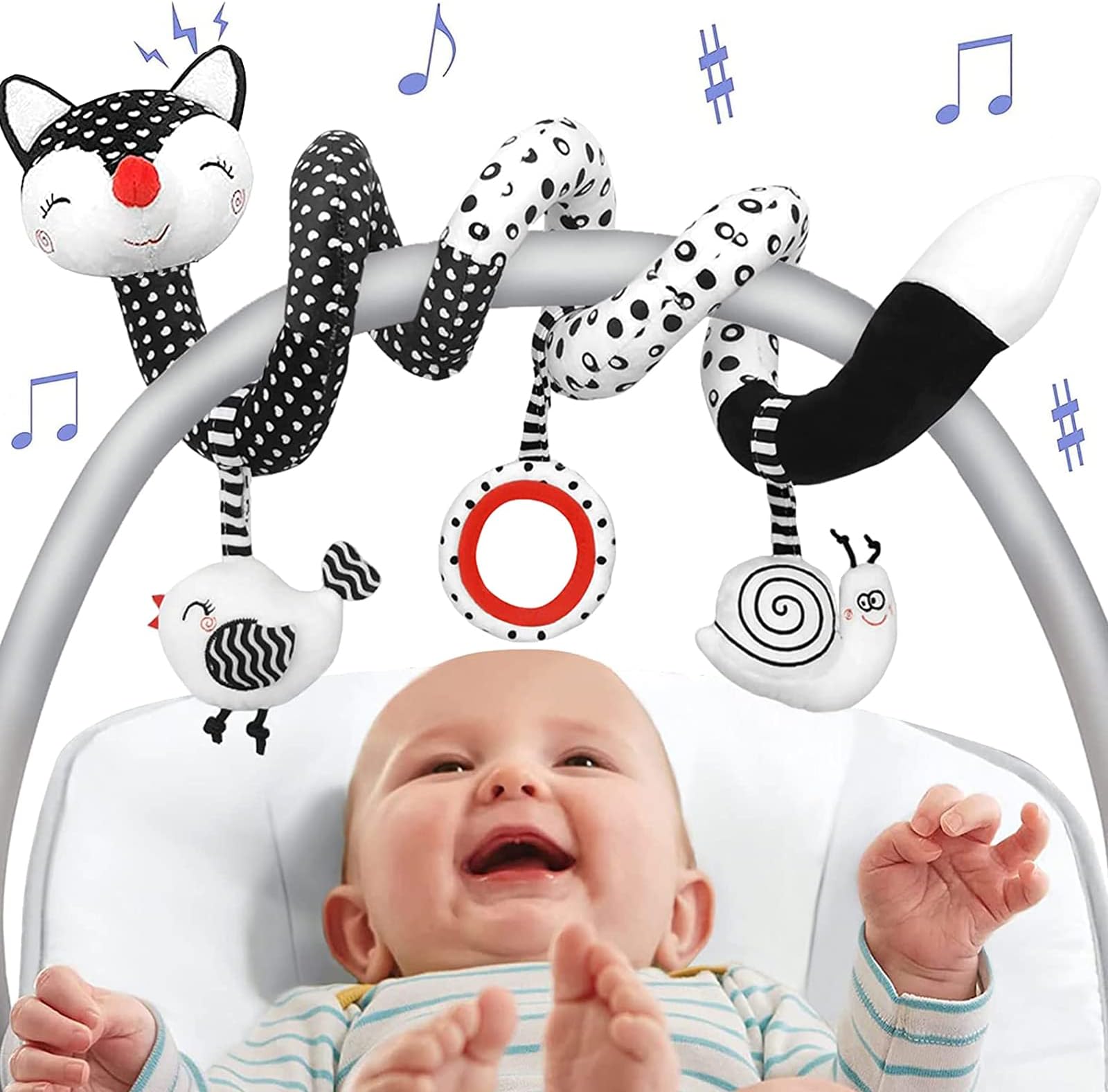 Pram Spiral Hanging Baby Toy - Newborn Car Seat Pushchair Activity Spiral Wrap Around Stroller Crib Cot Sensory Soft Plush Carseat Hanging Toys for Babies Toddlers Infant Boy Girl