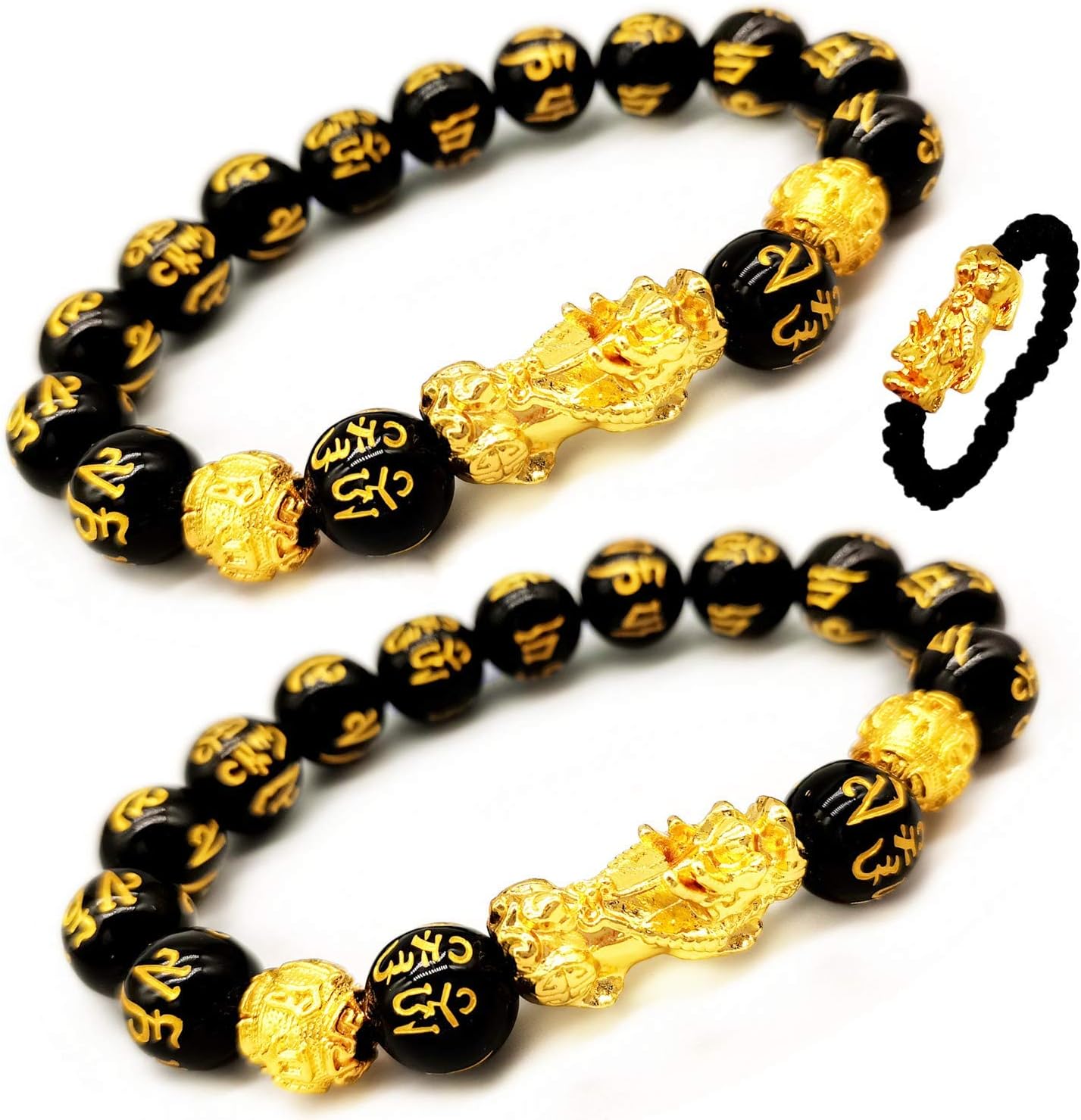 Feng Shui Black Obisidian Wealth Bracelet with Gold Plated Pi Xiu/Pi Yao
