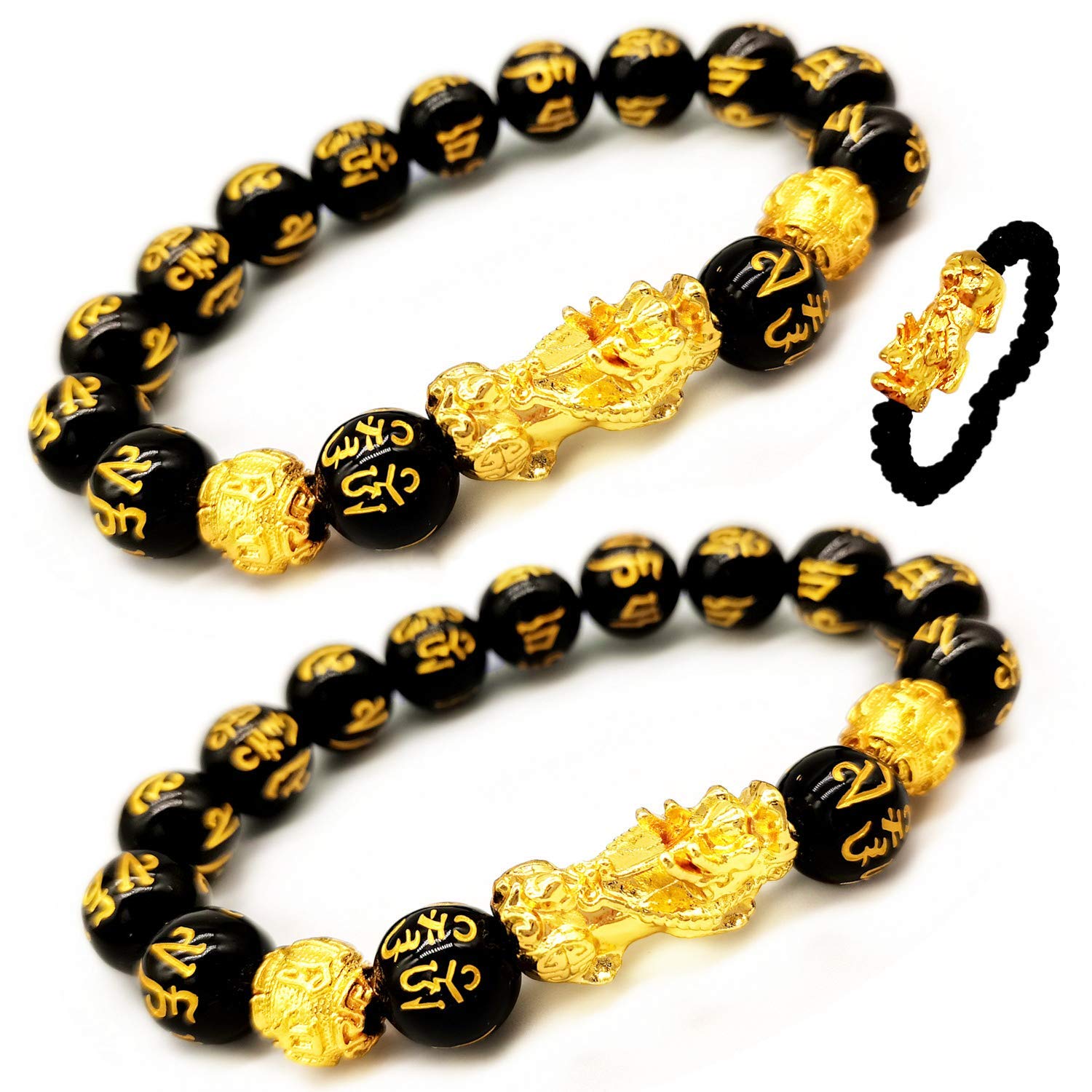 Feng Shui The Best 12mm Black Hand Carved Mantra Bead Bracelet with Golden Pi Xiu/Pi Yao Lucky Wealthy Amulet Brecelet