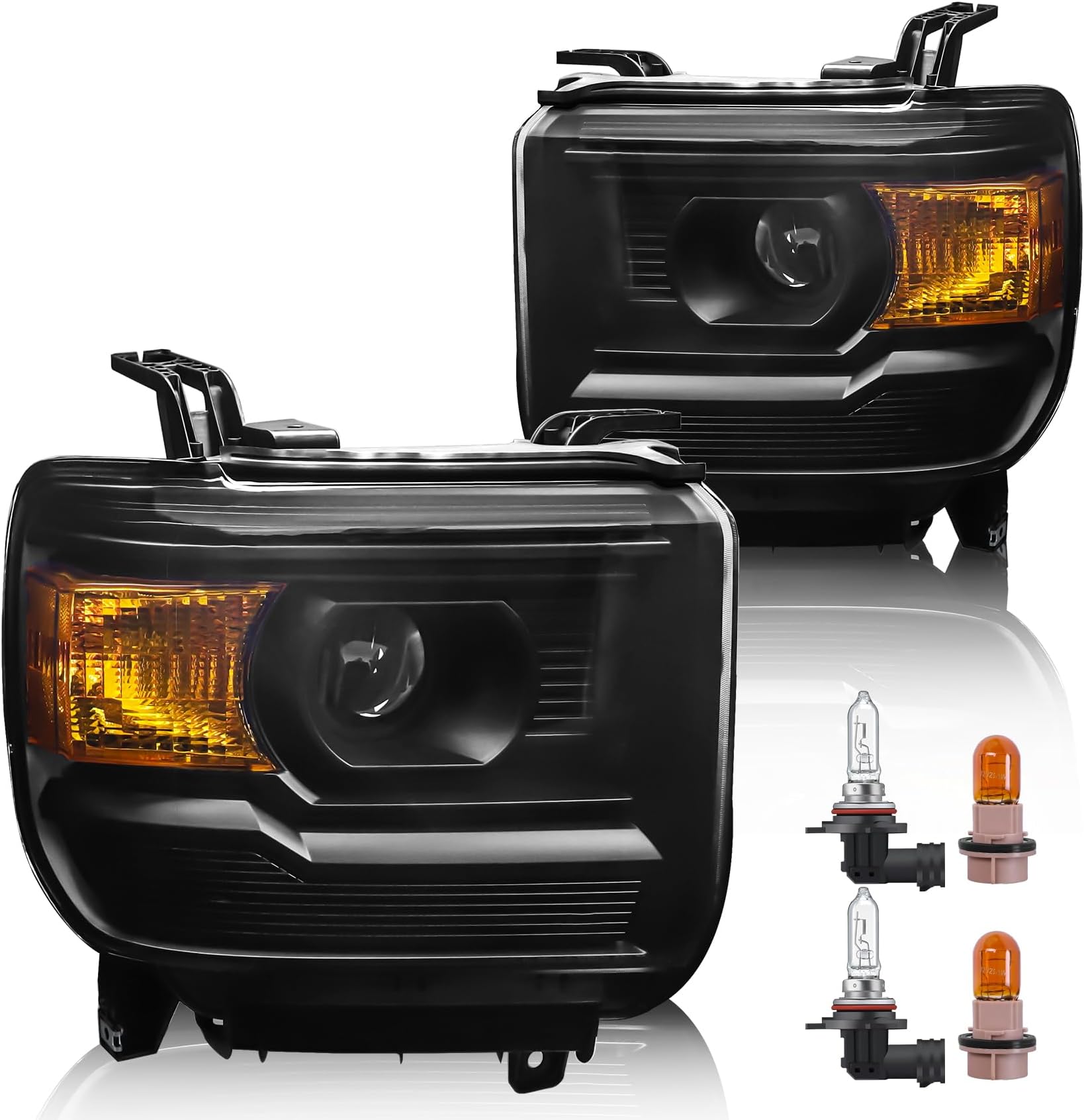 Headlight Assembly Compatible with GMC Sierra 2014-2018 1500 | 2015-2019 2500HD/3500HD Base/Denali/SLE/SLT, Halogen Headlamp Replacement W/O LED DRL, With Bulbs, Black Housing Amber Reflector