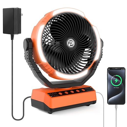PANERGY Camping Fan with Light - 20000mAh Rechargeable Battery Fan with Charger, 70Hrs Cooling Time, 4 Speeds, 110° Auto Oscillation & 270° Pivot Design with Hook for Camping/Power Outage/Hurricane