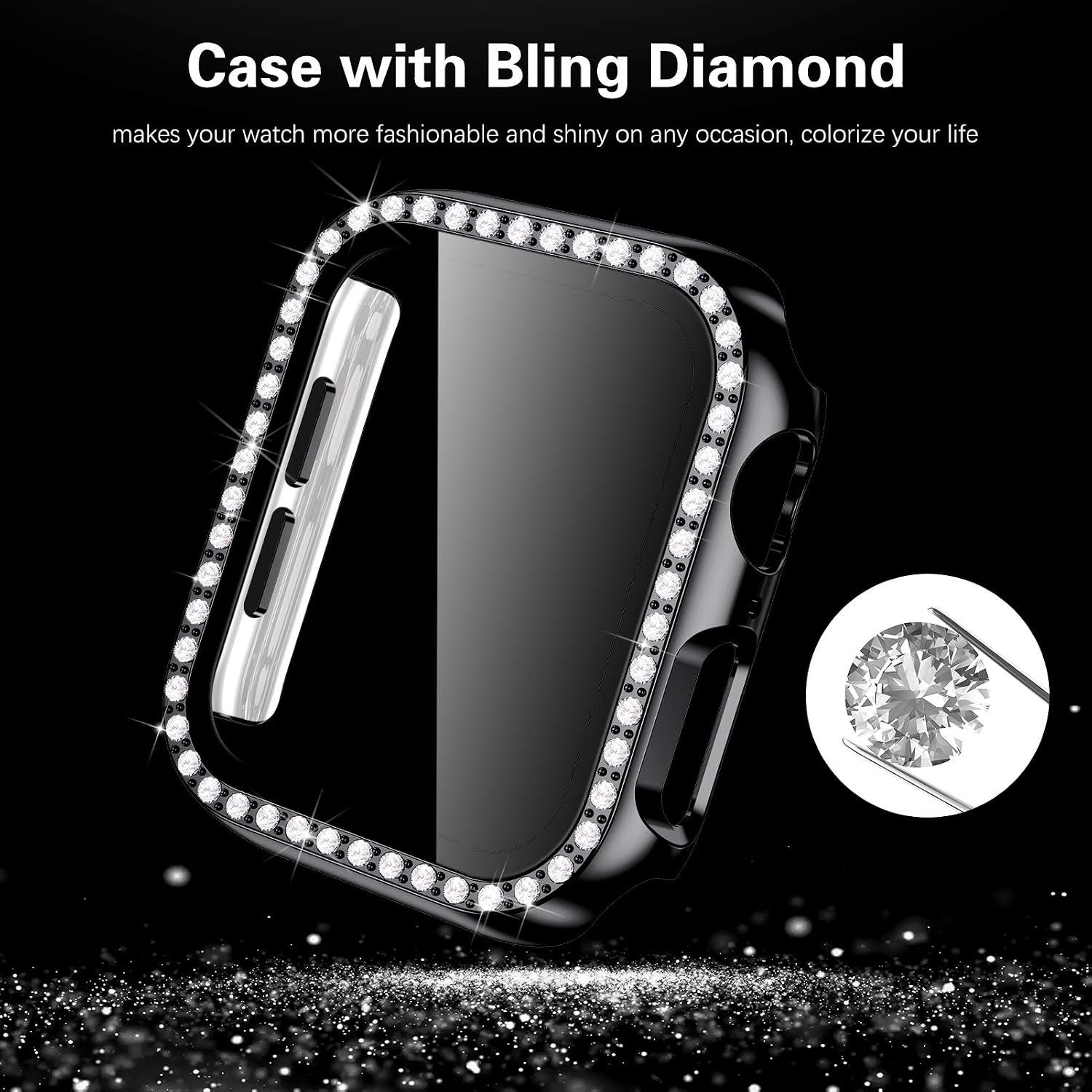Mastten Diamond Screen Protector Case Compatible with Apple Watch 40mm, Bling Crystal PC Protective Case Bumper with Tempered Glass Screen Compatible with iWatch Series SE/6/5/4, Black