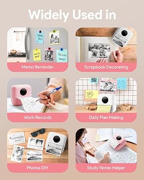 Mini Sticker Printer Notebook Buddy Portable Printer, Small Thermal Printer Inkless Pocket Printer Label Maker Photo Printer DIY Student Gift for iPhone Android Colorful Paper with 5 Pens Pink
