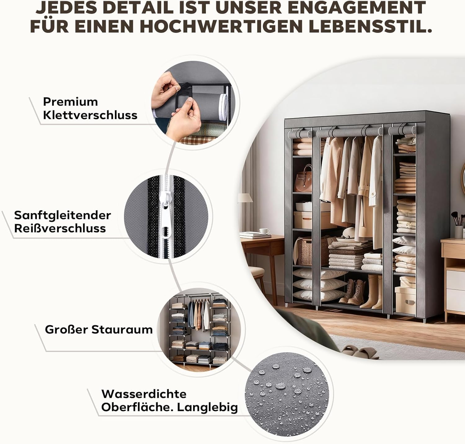 Kleiderschrank aus Stoff, 45x150x175cm, Metallrahmen mit Vlies-Staubschutz, Kleiderstange, graue, Schlafzimmer Aufbewahrungssystem