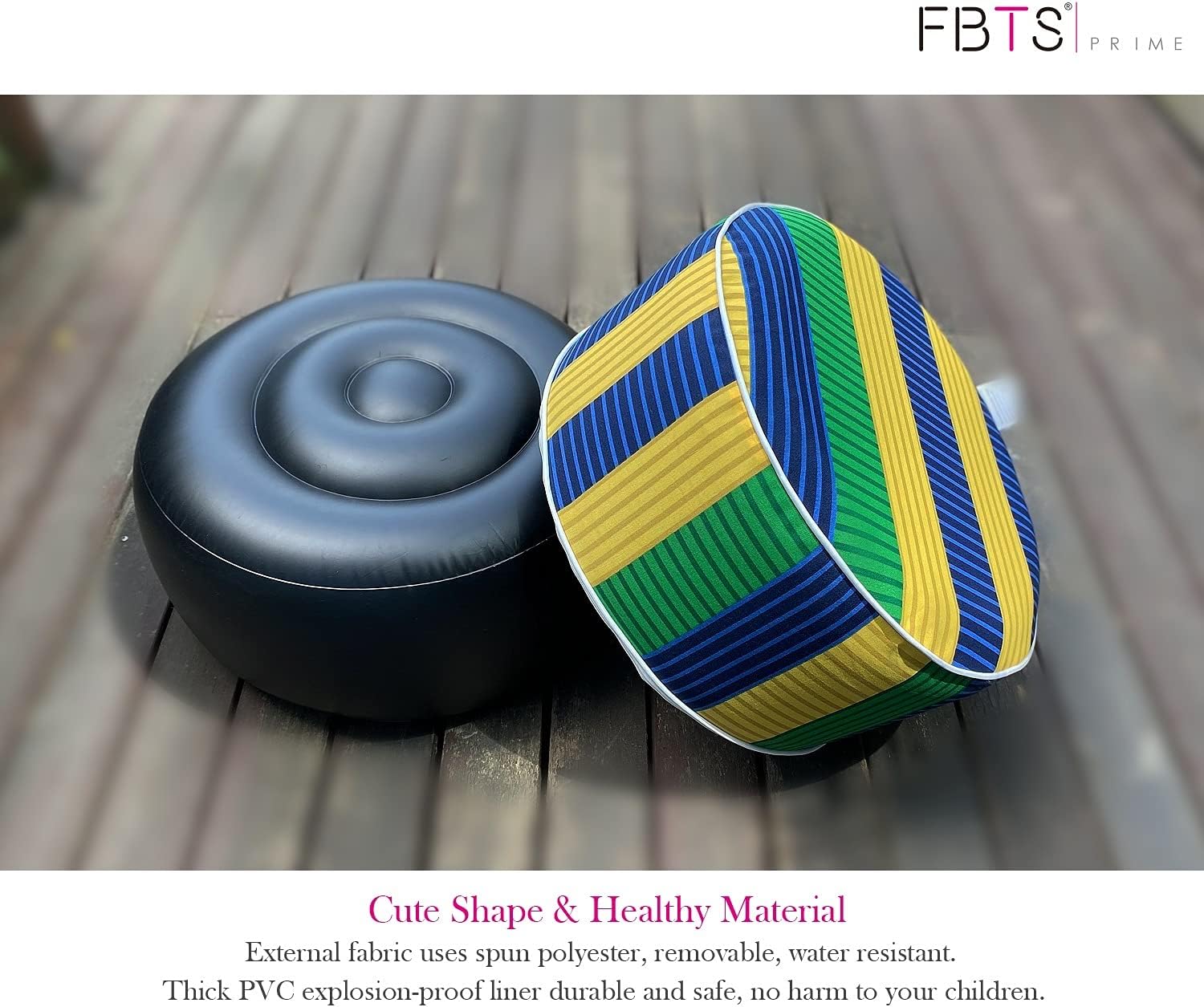 Inflatable Footstool Ottoman Green Stripe Round 21x9 Inch Patio Foot Stools and Ottomans Portable Footrest