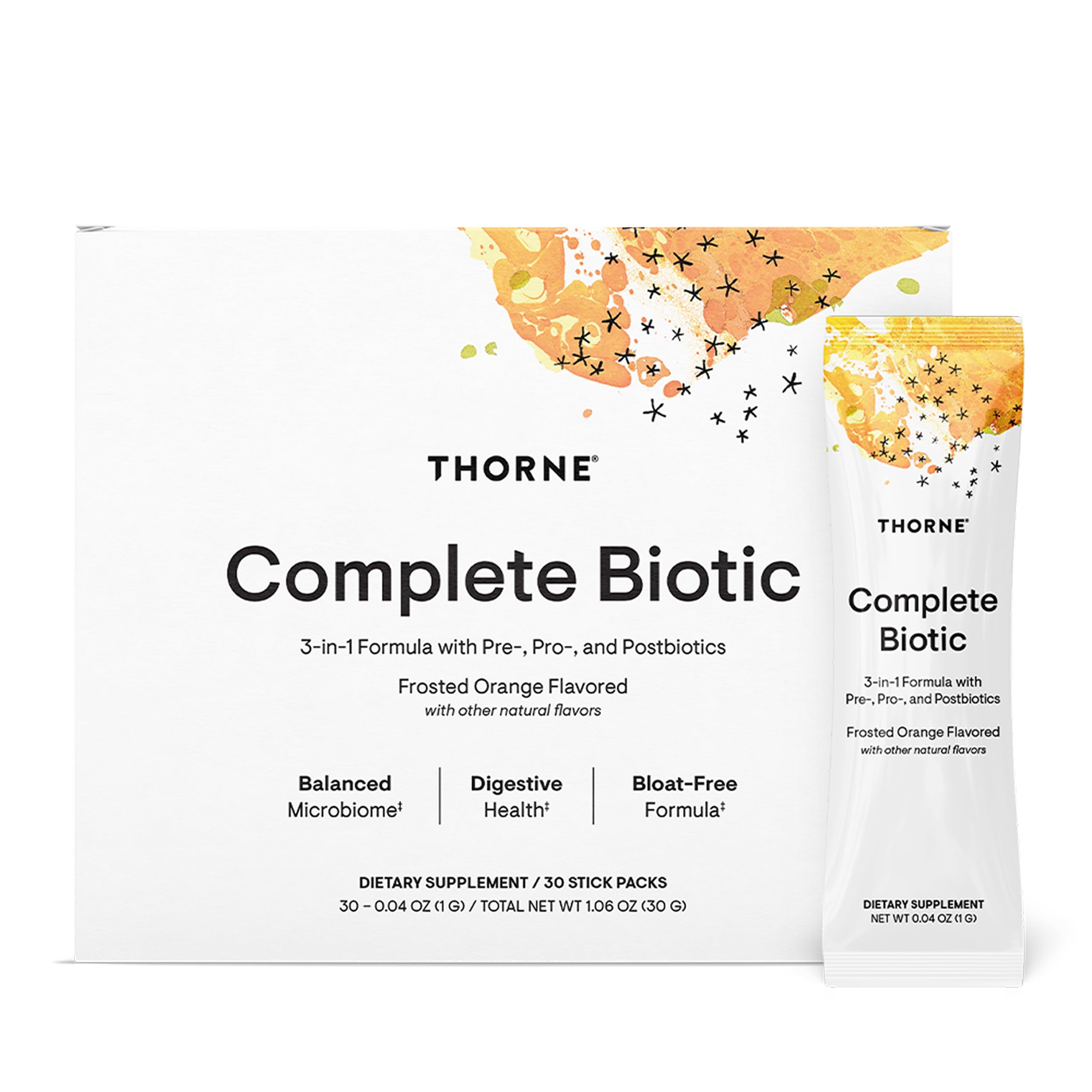 THORNE Complete Biotic - 3 in 1 Formula with Prebiotics, Probiotics and Postbiotics - Frosted Orange Flavored 30 Stick Packs