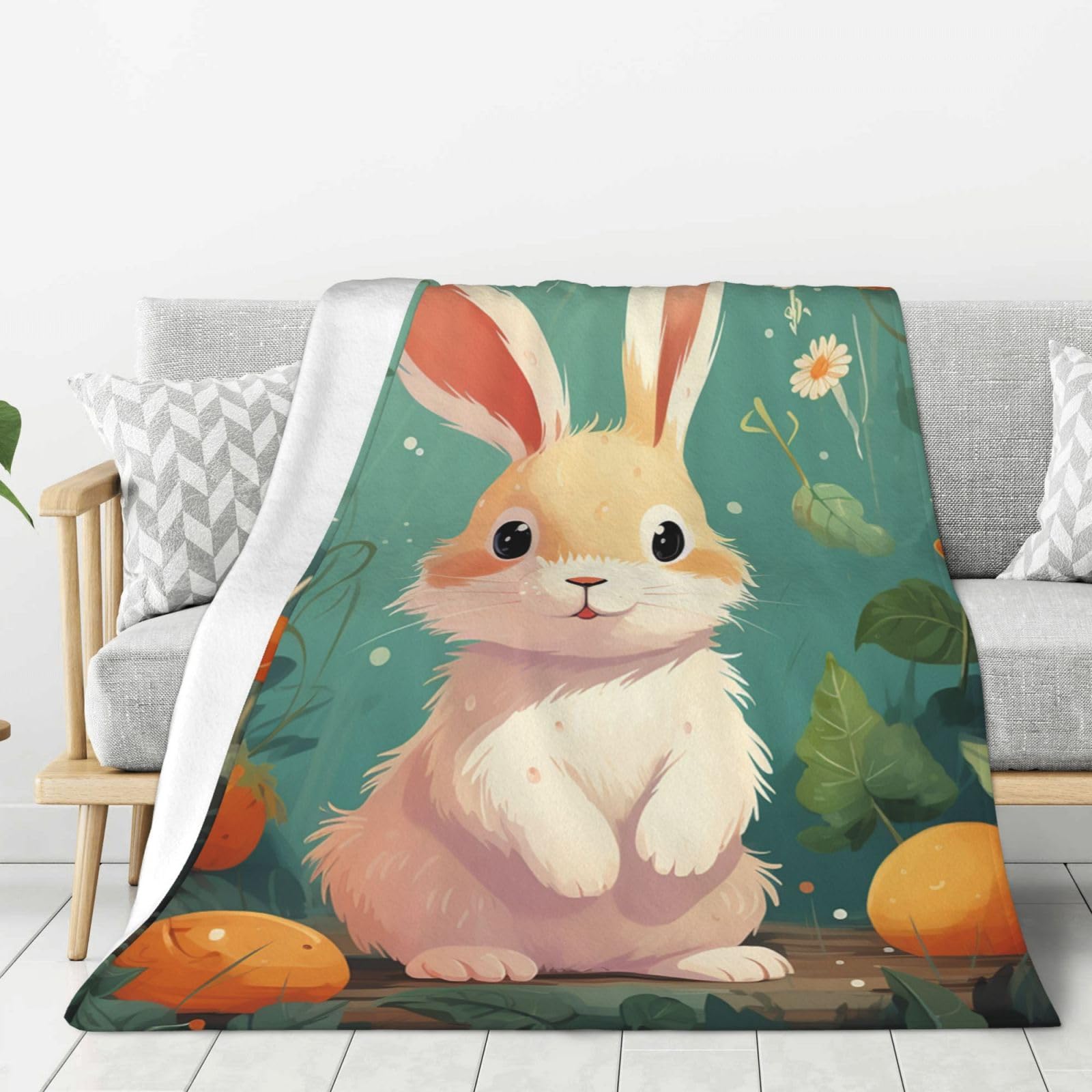 Couverture flanelle lit et sofa motif carotte et lapin